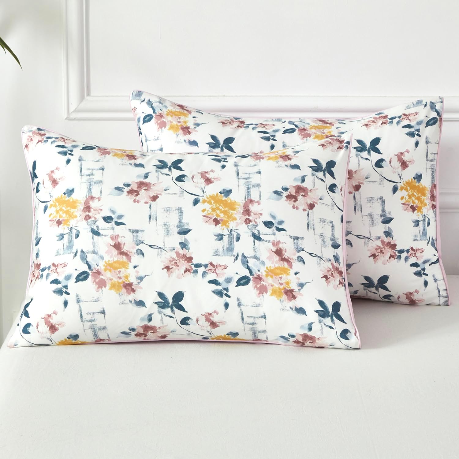 URBONUR 100% Cotton Pillowcases Set of 2 Queen Size Vintage Wildflowers Printed Pillow Cases Soft Cooling Decorative Floral Pillow Cover (Queen, 20x30 Inches, Teal Yellow Red)