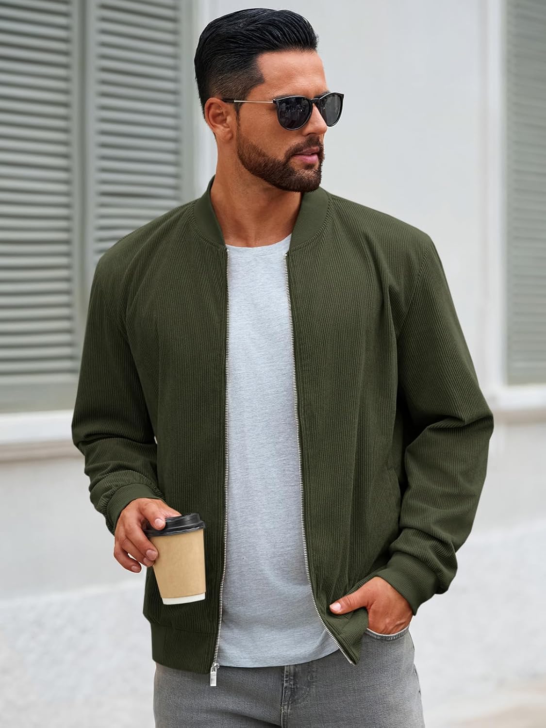 Runcati Mens Corduroy Bomber Jacket Lightweight Zip Up Casual Vintage Fall Varsity Jacket with Pockets - Image 2