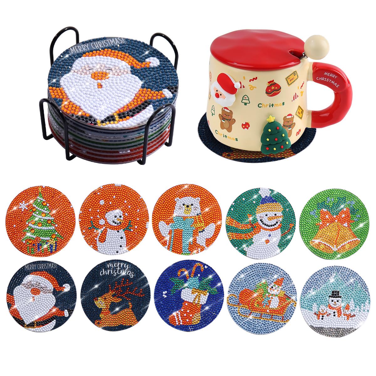 Christmas Diamond Painting Coasters Kits with Holder DIY Christmas Diamond Art Coaster for Adults Xmas Holiday Diamond Painting Kits Supplies (BD-23036-009-10-8PCS)