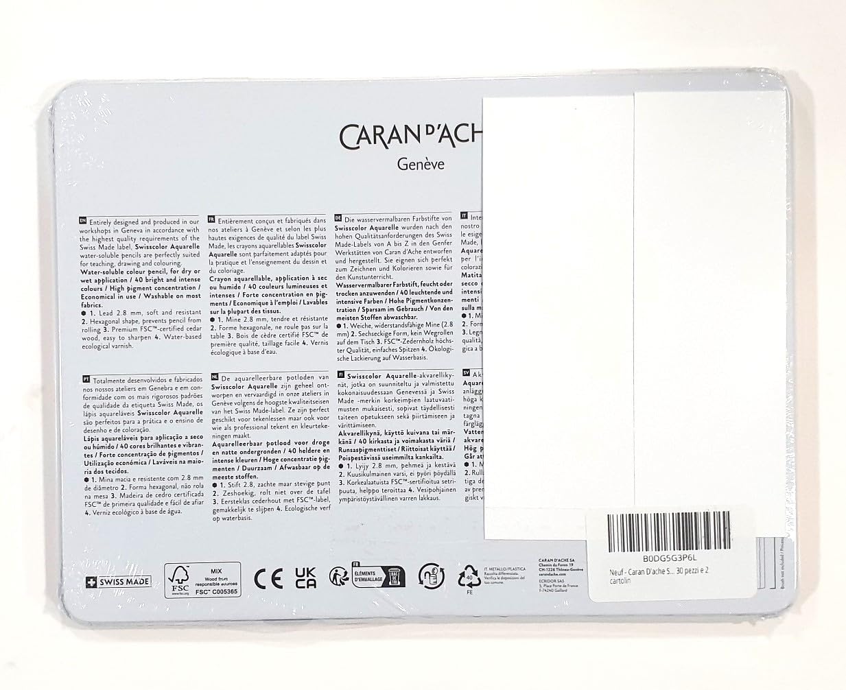 Caran D'ache Swisscolor - Matite acquerellabili in scatola di metallo, confezione da 30 pezzi e 2 carte