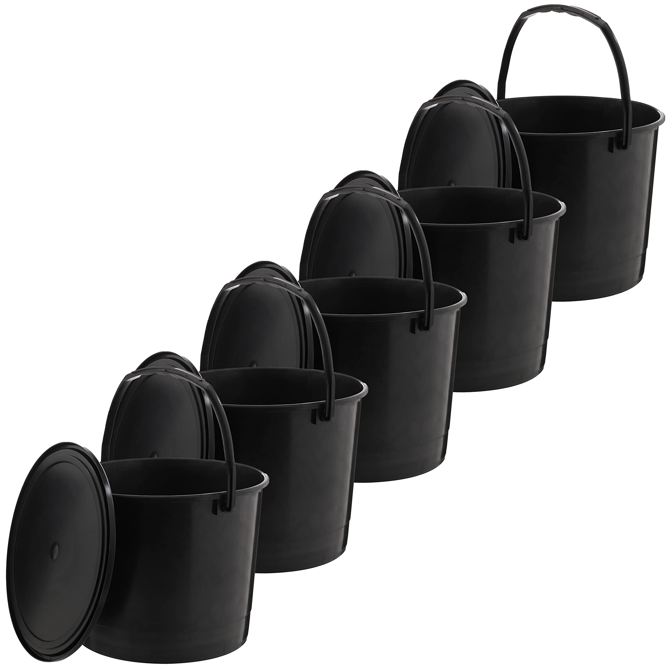 MIG Seau en Plastique Noir 6L avec Couvercle - 5 Seaux Empilables pour la Maison et l'Industrie