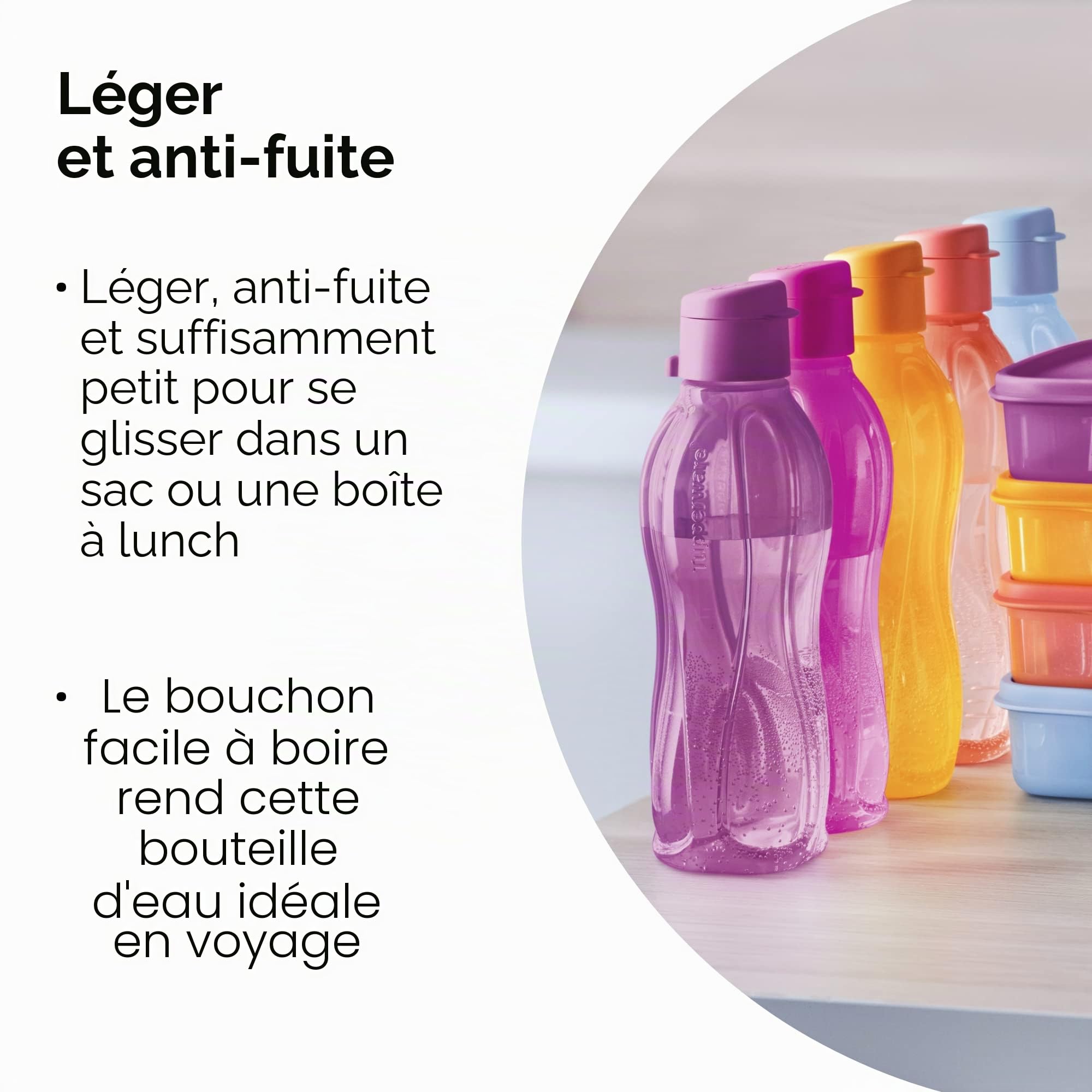 Tupperware Eco+ Lot de 5 bouteilles d'eau réutilisables 500 ml Passe au lave-vaisselle Sans BPA Légères et étanches Idéales pour les voyages, la salle de sport