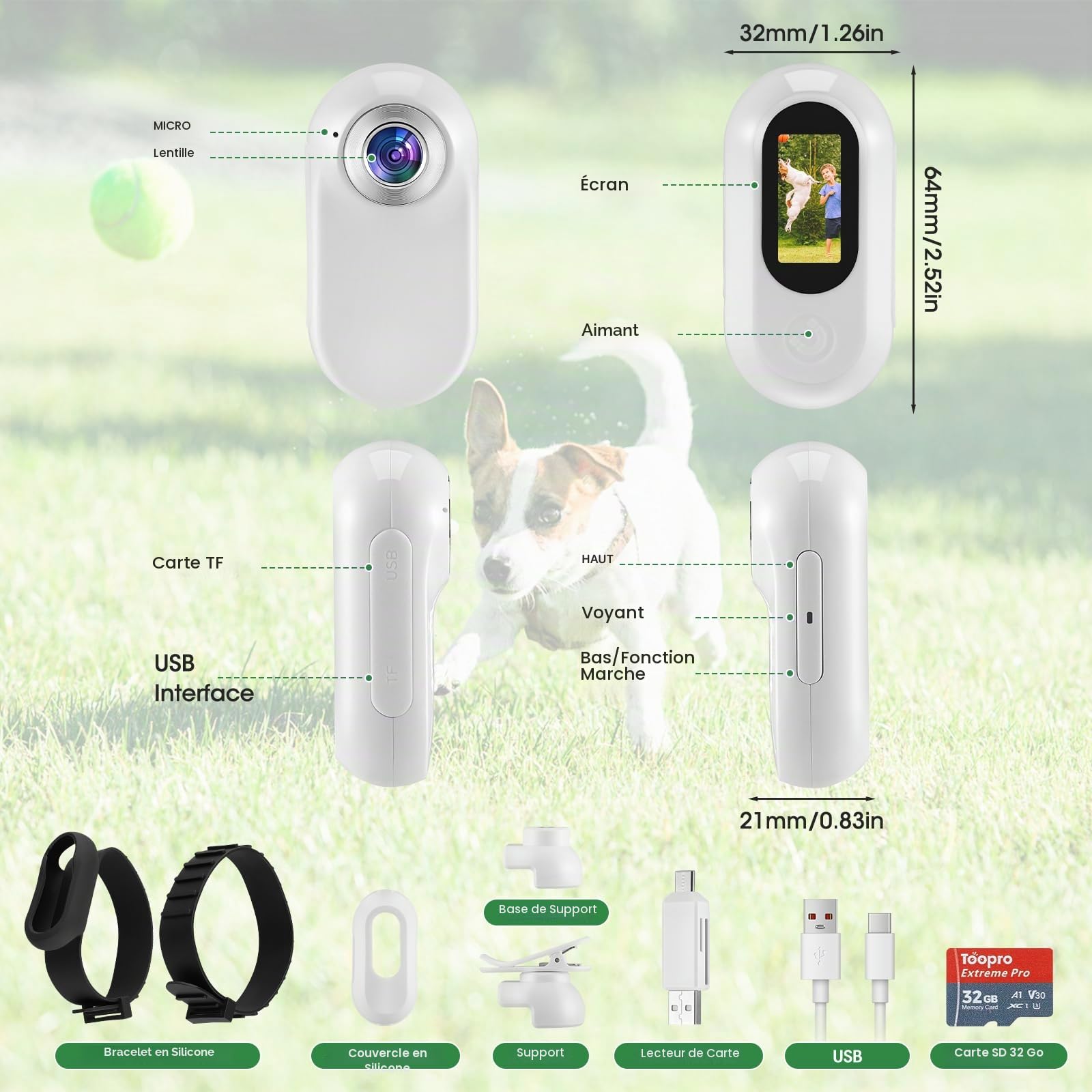 Mini caméra d'action HD 1080P 170° grand angle 32 Go pour chat sport