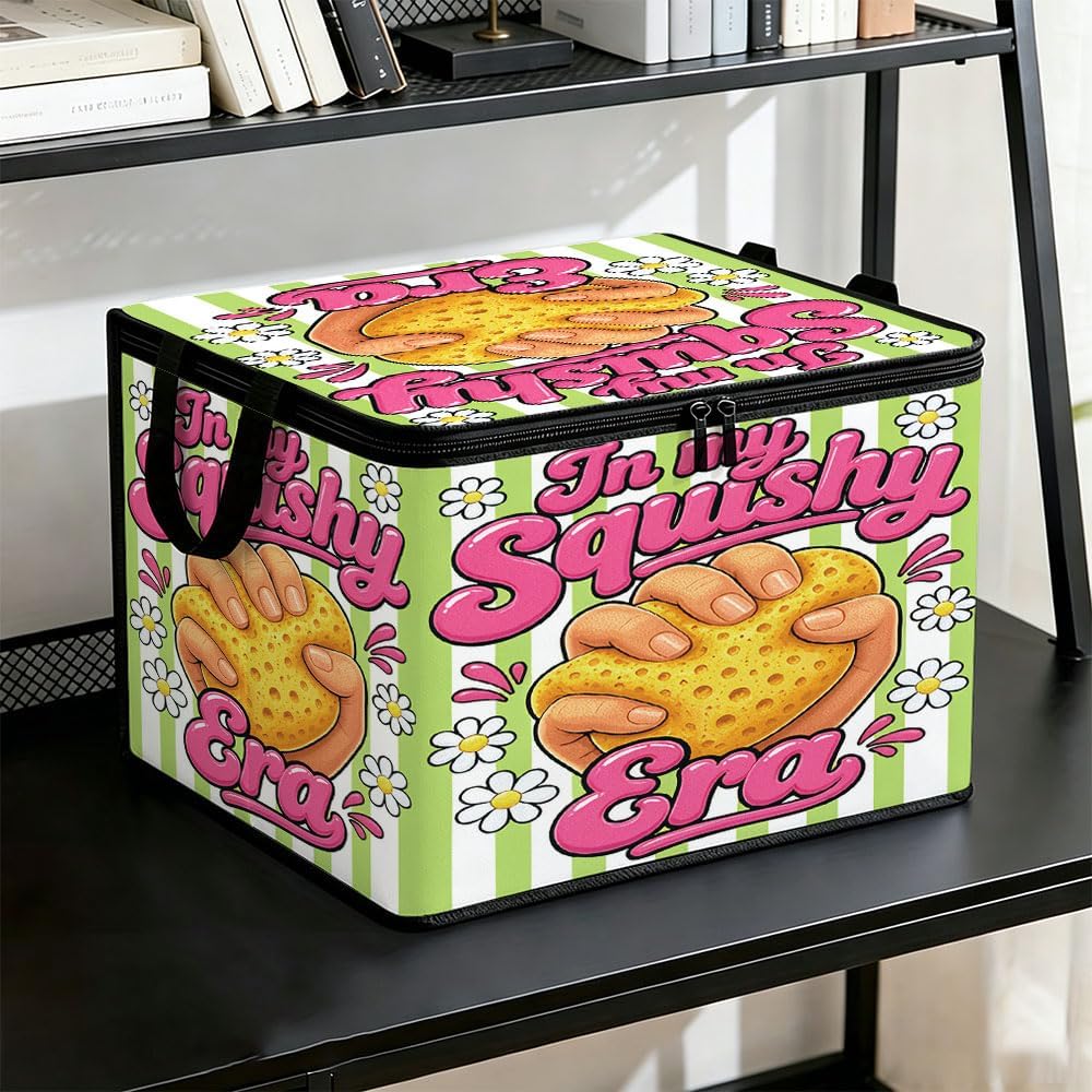 A foldable fabric storage box with a zipper, featuring a cute, glittery dumpling motif; it is lightweight yet spacious, making it ideal for storing everyday items.