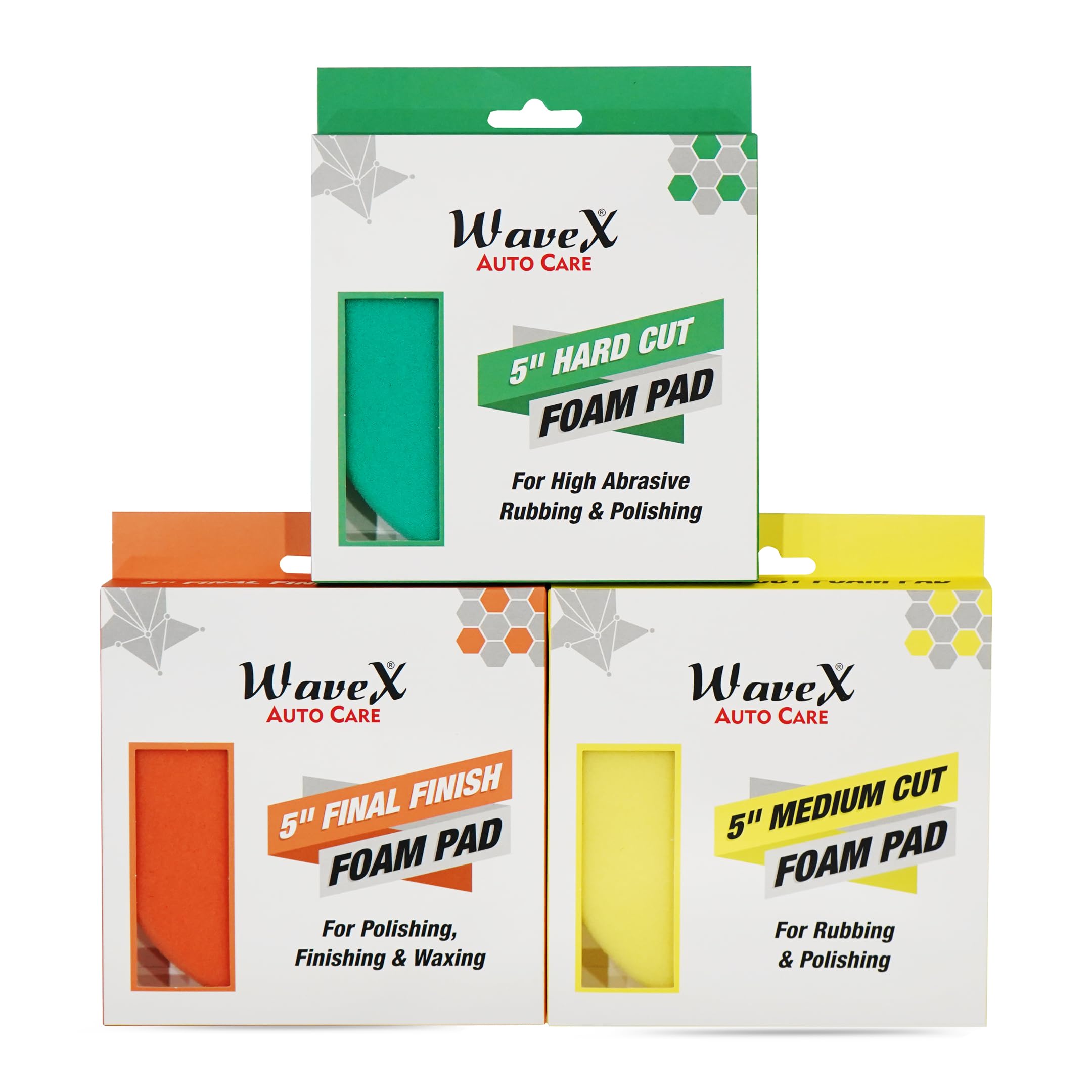 Wavex 5-Inch Foam Pad Combo for Car | Includes Hard Cut, Medium Cut & Final Finish Foam Pad | Low Profile 20mm Design for Extreme Performance, Compatible with DA & Rotary Polisher, Washable & Reusable