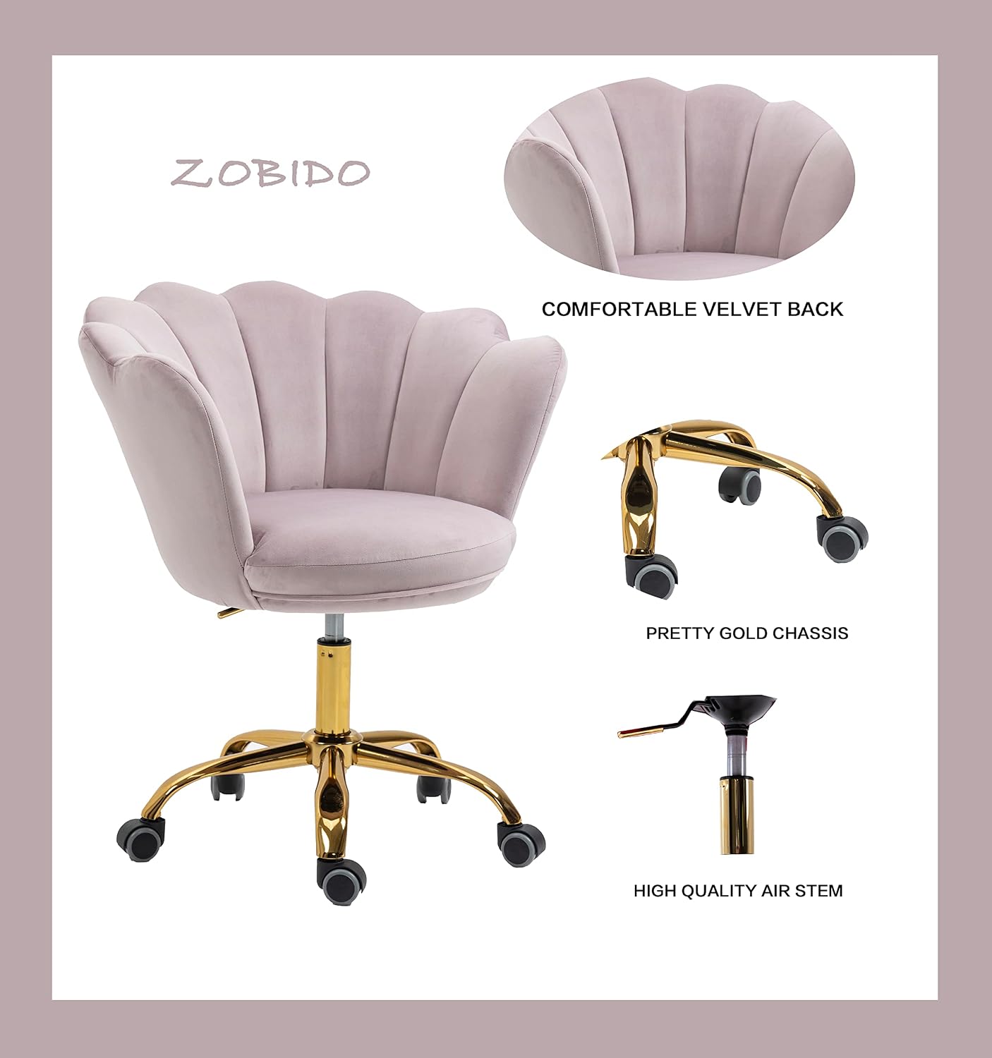 ZOBIDO Comfy Home Office Task Chair with Wheels, Cute Modern Upholstered Velvet Seashell Back Adjustable Swivel Vanity Desk Chair, for Women, for Girls, Living Room(Bright Purple