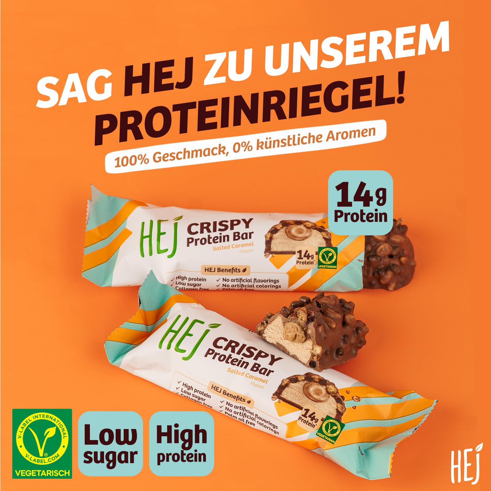HEJ Crispy Protein-Riegel - Zuckerarmer High-Protein-Snack - Mit 14g Eiweiß - Vegetarisch - Ohne Künstliche Aromen & Sucralose - Salted Caramel 12 x 45g