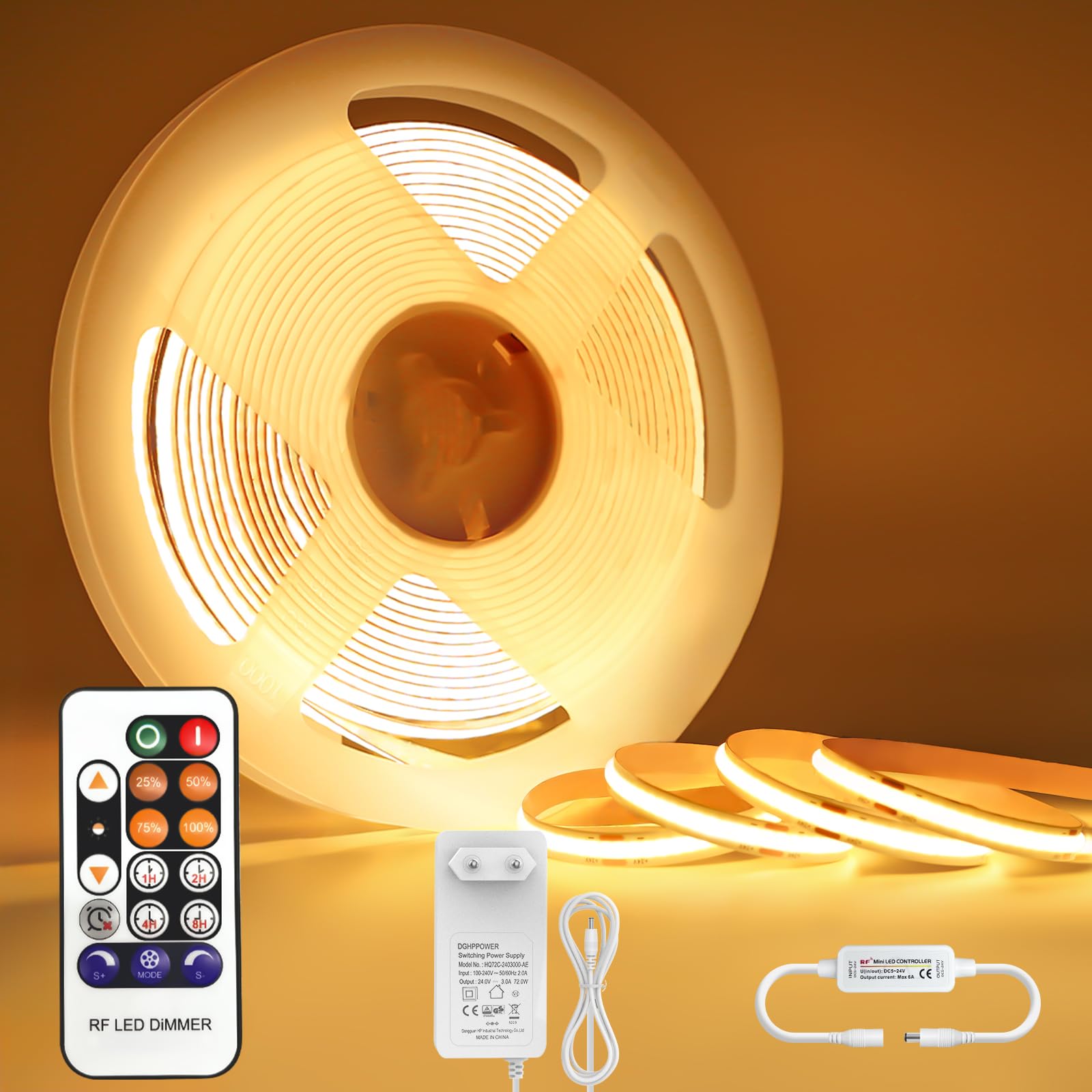 COB LED Streifen 5M Warmweiß, 3000K Led Strip Dimmbar 24V, Lichtband led selbstklebend Wasserdicht, Licht leiste mit Fernbedienung und Netzteil, Band 5m indirekte beleuchtung TV Küche Wohnzimmer DIY