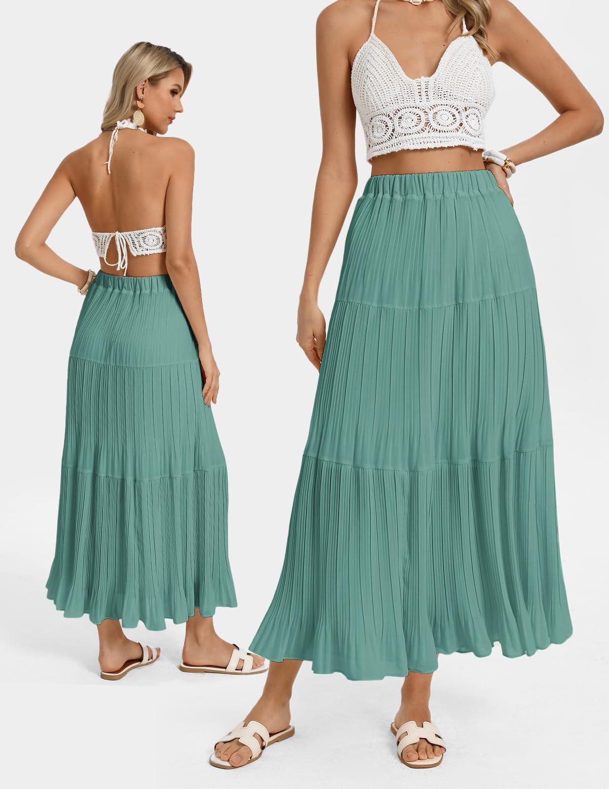 Kate Kasin Damen A-Linie Rüschen Maxirock Elastische Hohe Taille Röcke Leichte Chiffon Fließende Frühling Sommer Skirts Outfit