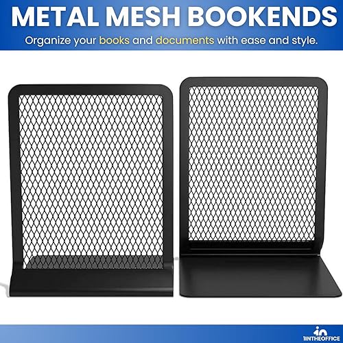 Miniatura 2 de 1InTheOffice Sujetalibros para estantes, sujetalibros de malla metálica resistente, extremos de malla de alambre de 5.71 pulgadas, negro mate, cada