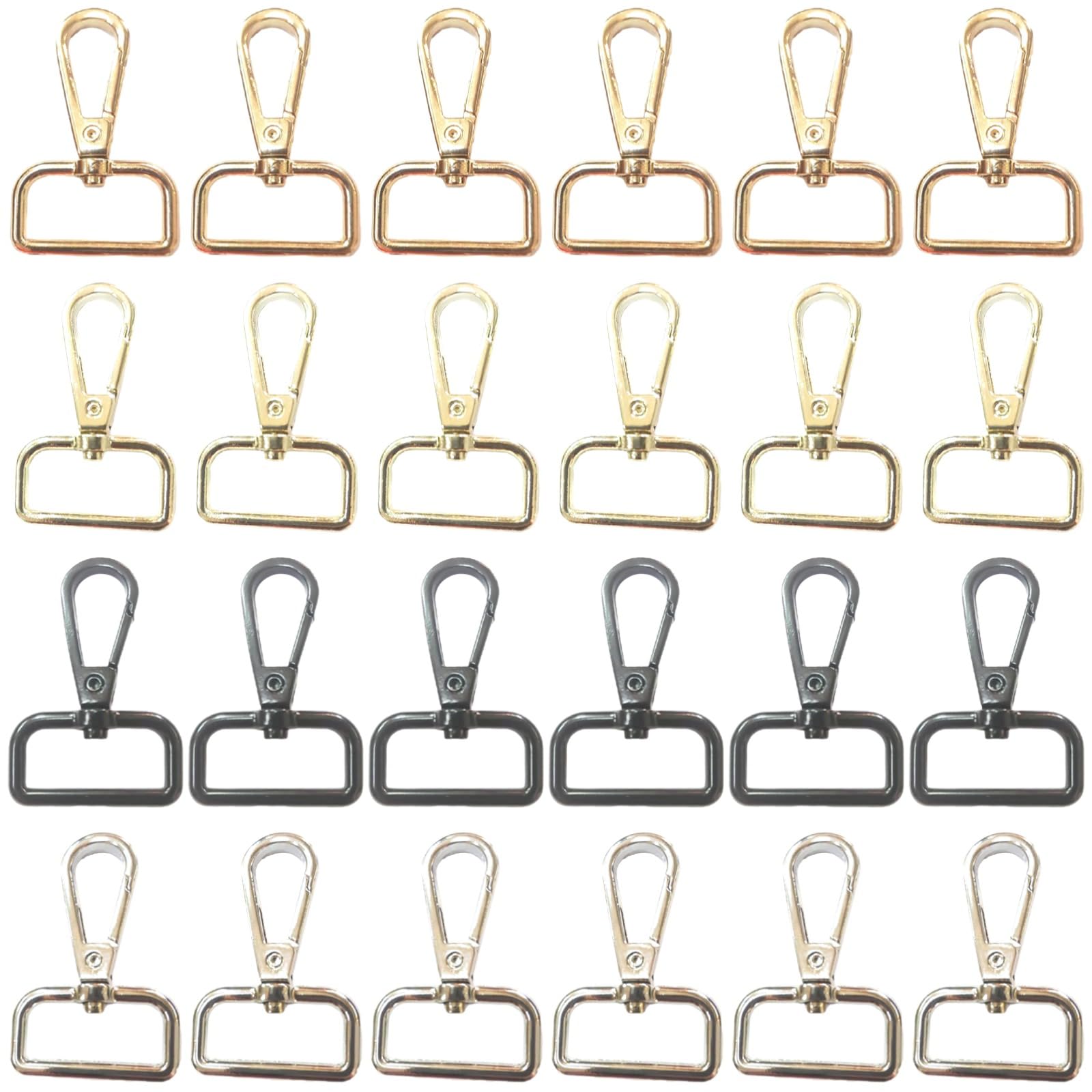 Lot de 24 crochets en D métalliques en alliage de zinc, 4 couleurs or, noir, argent, or clair, 5,1 cm x 2,55 cm, avec clip à ressort et base rotative, pour projets DIY et accessoires de sac