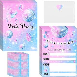 24 Set Singer Party Birthday Invitations with Envelopes and Stickers Glitter Birthday Party Invitation Girl Concert Sweet Cute Disco Butterfly Themed Supplies for Fans Celebration Favors