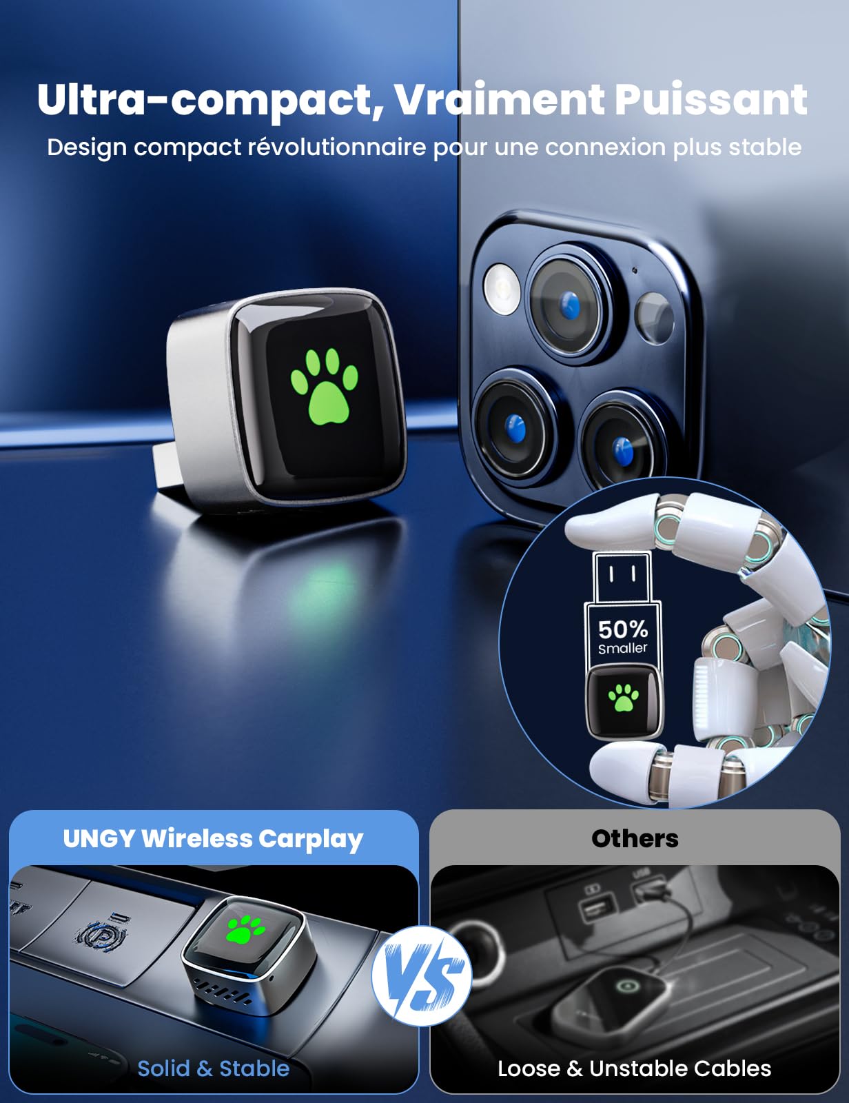 2026 Adaptateur Carplay sans Fil, Mini Carplay sans Fil pour iPhone et Plus de 1k+ Voitures, Type-C/USB, Connexion Rapide Stable, Compatible avec iOS 12+/Android 11+et Autos à partir de 2016