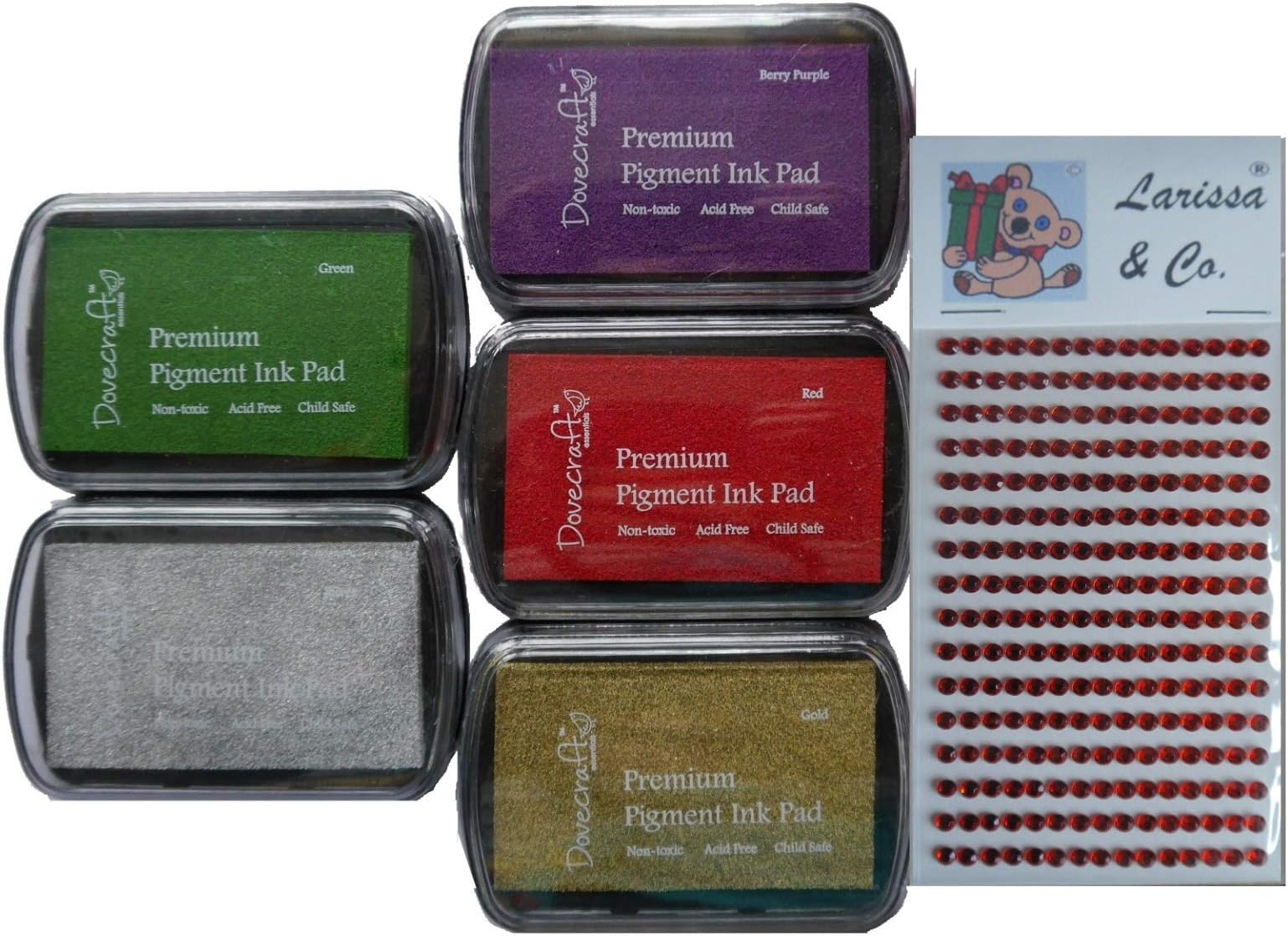 Set of 5 PIGMENT INK PADS Rubber stamping Traditional CHRISTMAS Colours plus Larissa Exclusive Sparkly Gems