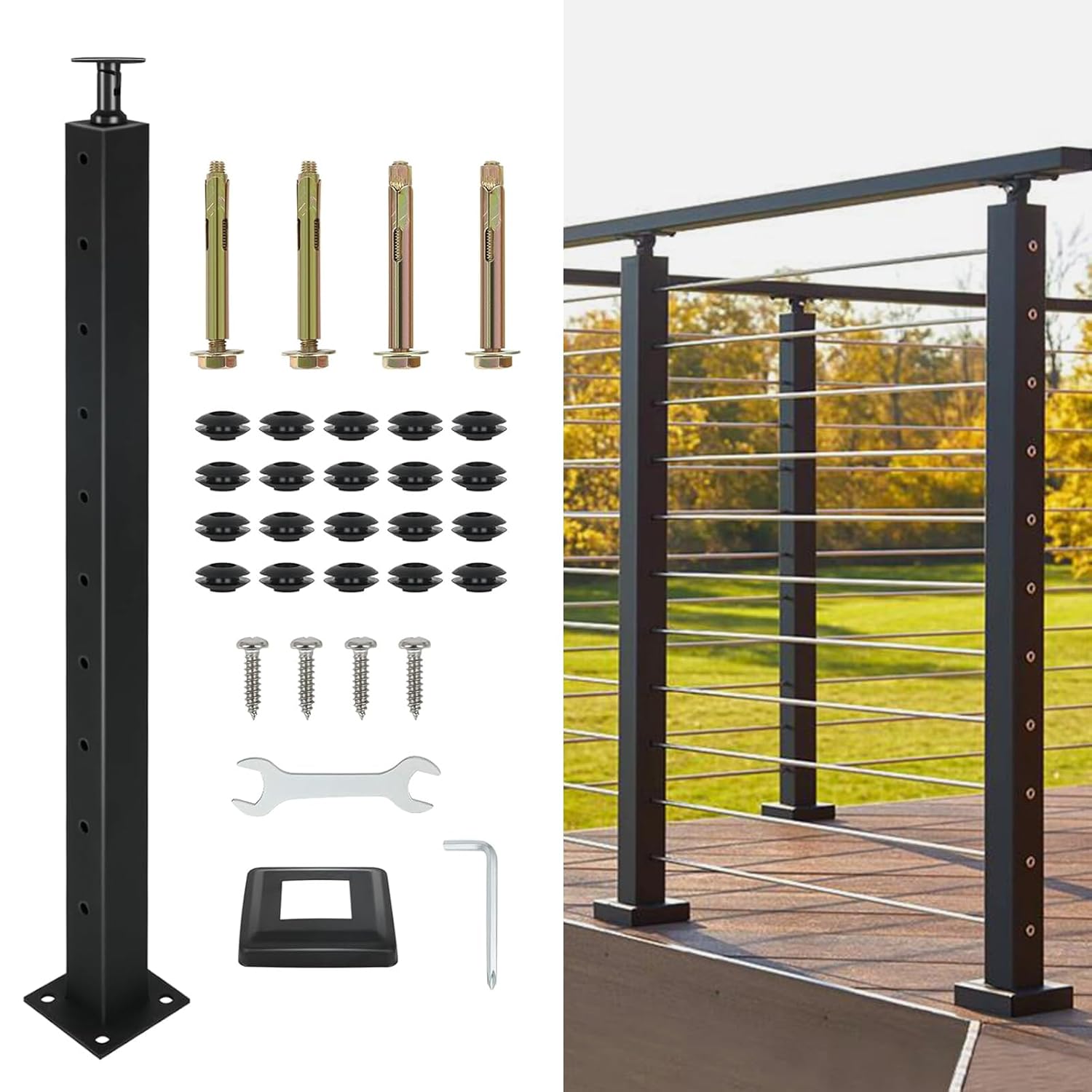 Cable Railing Post, 36"x2"x2" Level Drilled Railing Post with Cable Grommets, Adjustable Top Level Line Post Cable Handrail Post, Stainless Steel Adjustable Line Post Black Stair Railing System Kit.