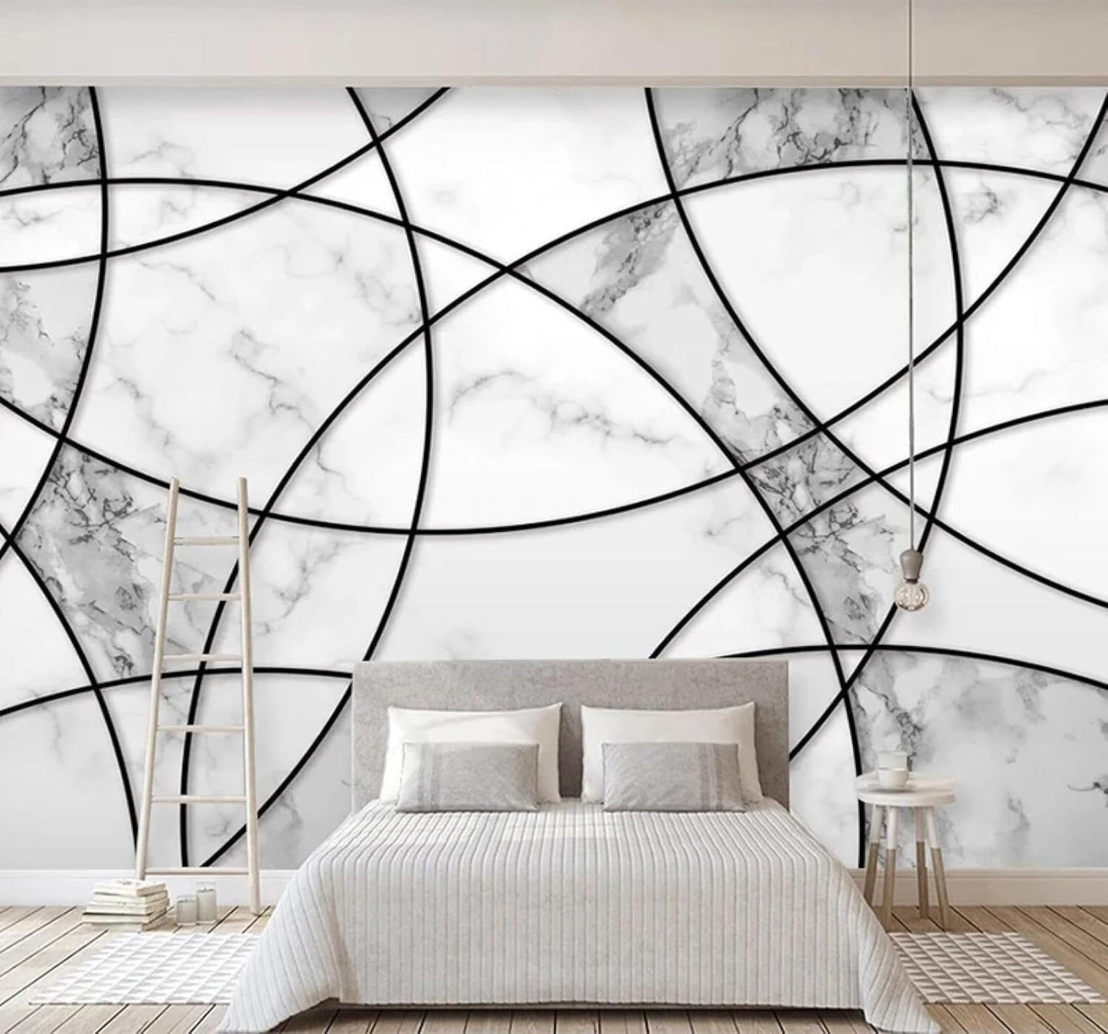 XLMING Abstract Geometric Black Lines Marble Effect 3D Wallpaper Silky Texture Home Study Office Grey Dining Room Sofa Bedroom Living Room TV Backdrop-400cm×280cm