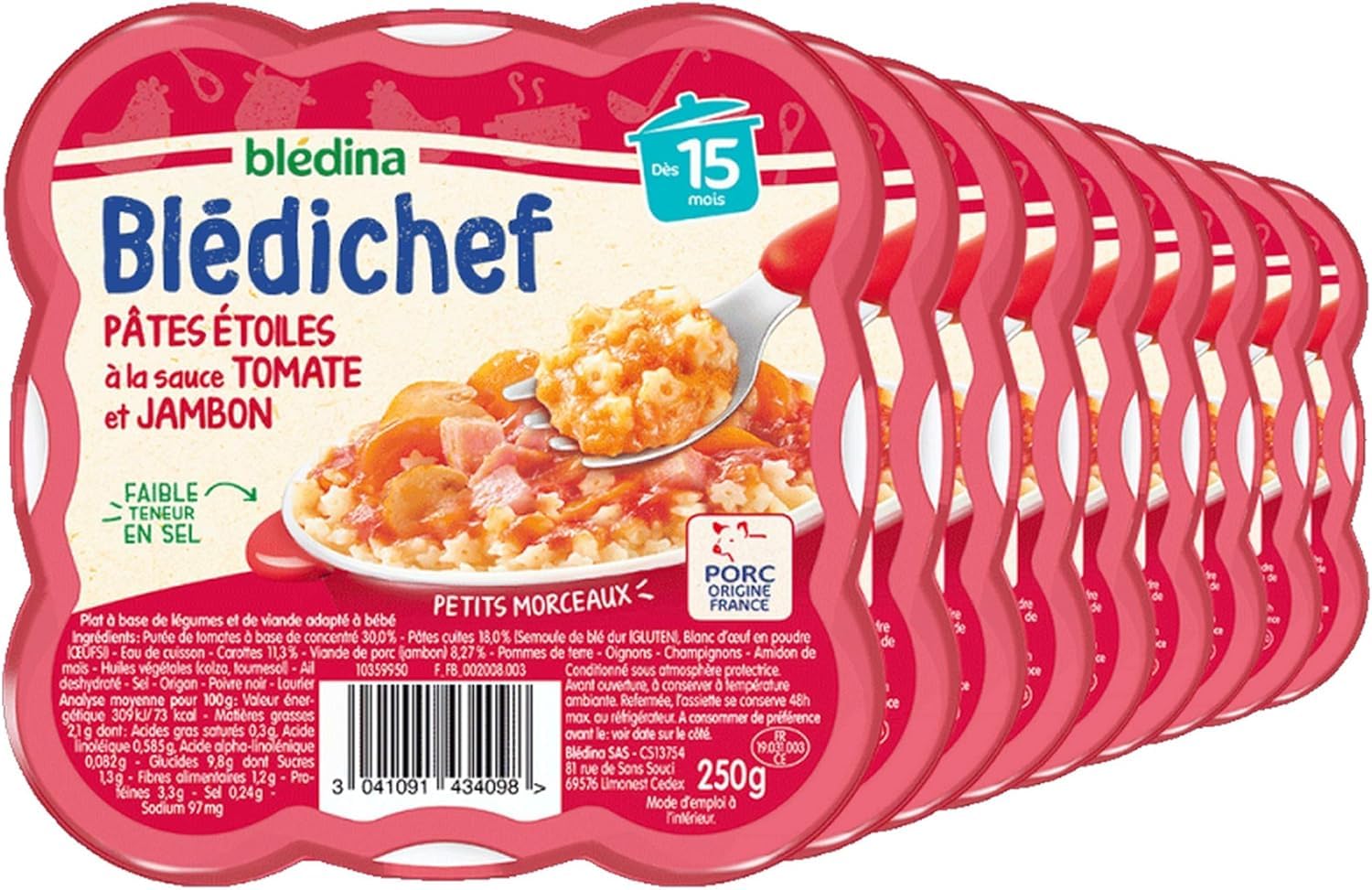 Blédina Blédilait Croissance 3+ Lait en Poudre pour Bébé, 3 x 900g + Blédina - Blédichef - Repas Bébé 15 Mois - 9 Plats Pâtes Etoiles Sauce Tomate Jambon de 250g- Petits Morceaux - Dès 15 Mois