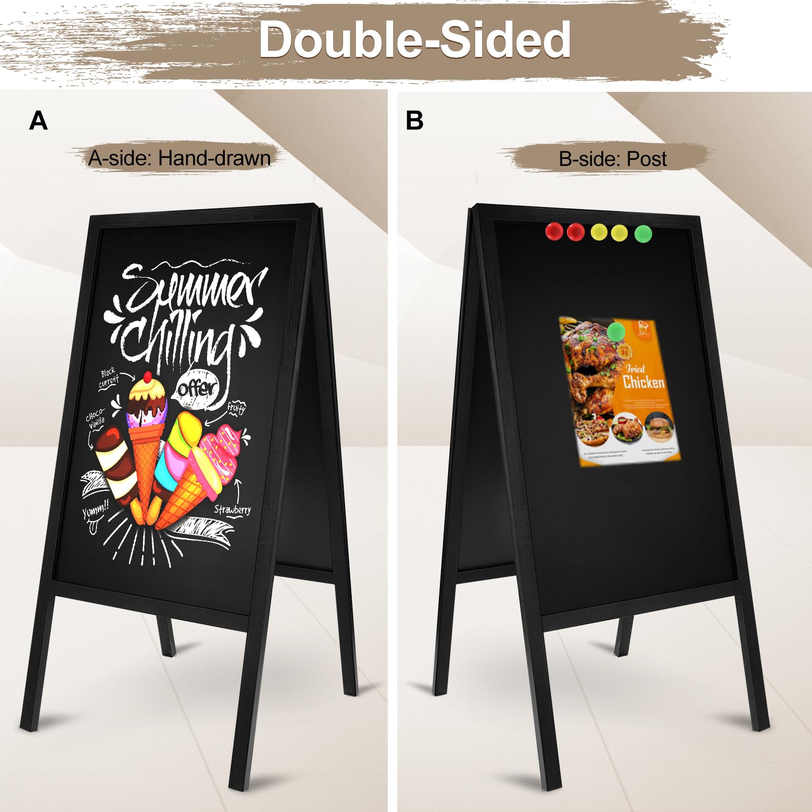 Pizarra Caballete de Pie de Madera 65x41 cm, Doble Caras Pizarra Negra Plegable Magnetica Tiza de Cartel Publicitario Grande para Bar Hosteleria Restaurante Cafetería Boda Fiesta