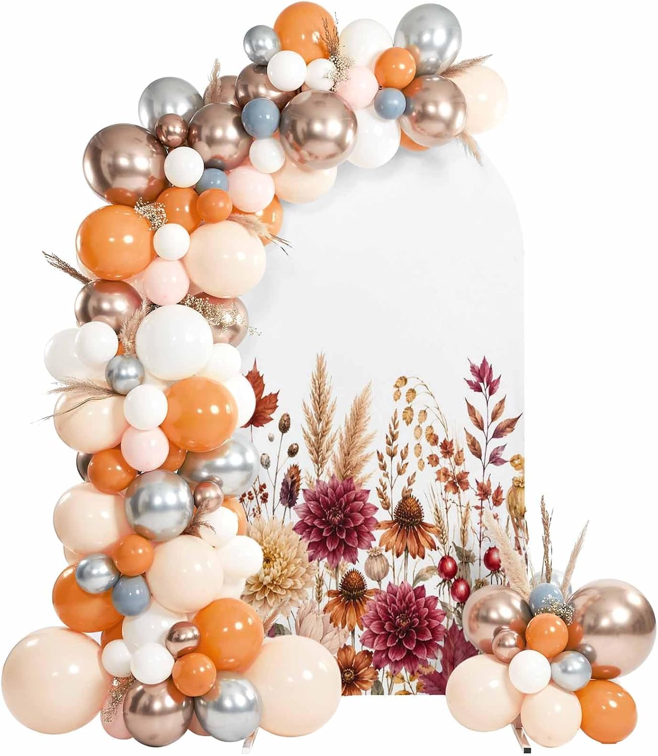 6ft Arch Backdrop Cover, Fall Flower Leaves Burnt Orange Stretch Spandex Arch Stand Cover, Country Floral on White Round Top Chiara Photo Background Decoration for Wedding Birthday Party Ceremony