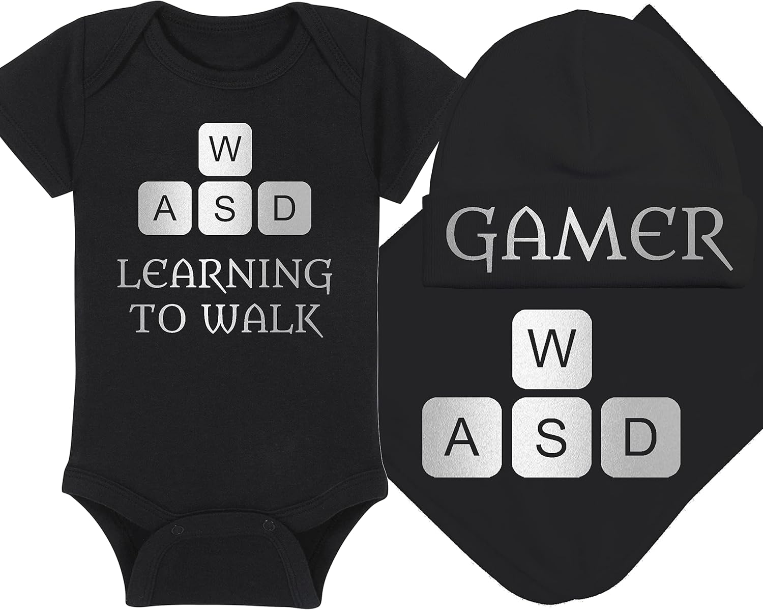Learning To Walk WASD - Gaming Baby Onesie - Hat - Blanket - Bib Package Combinations