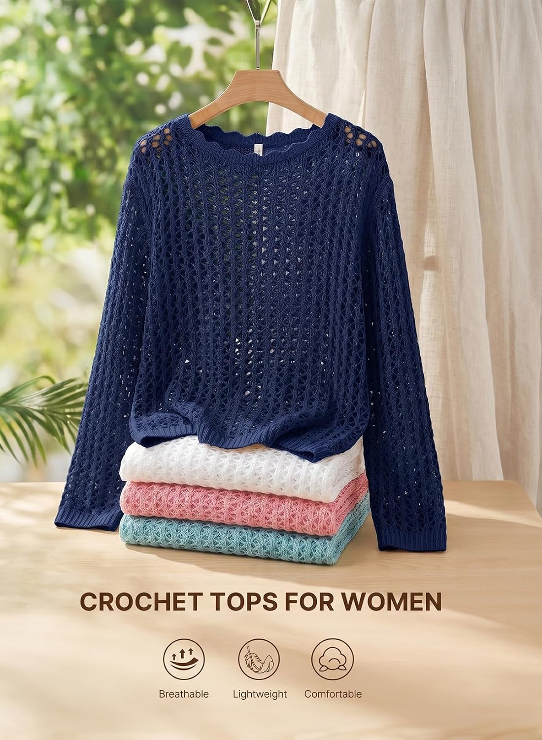 EVALESS Crochet Tops for Women Long Sleeve Hollow Out Knit Sweaters image 5