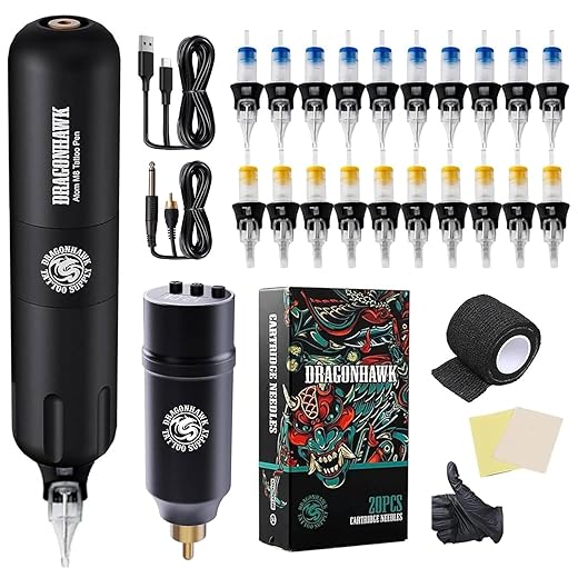 Dragonhawk Tattoo Machine Set Wireless Rotary Tattoo Pen Machine Motor Gun Wireless Battery Power Supply with RCA Jack Tattoo Cartridges Needles for Tattoo Beginners