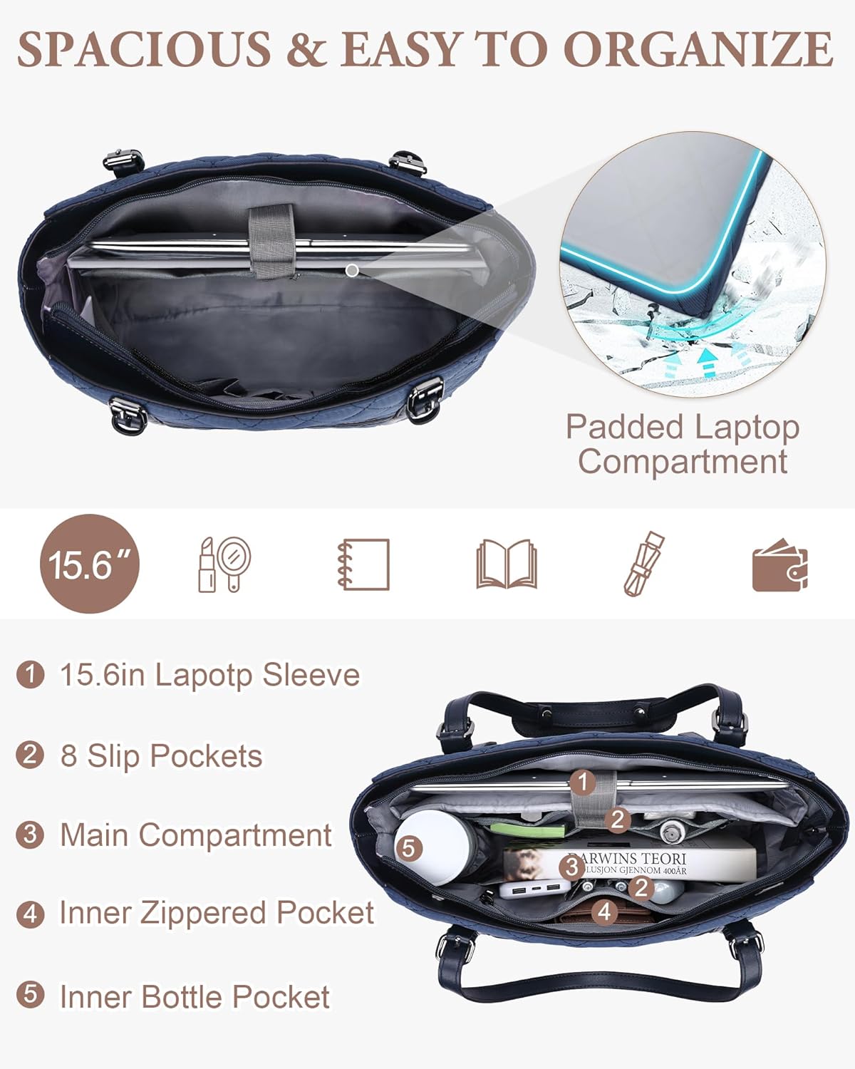 VASCHY Quilted Laptop Tote Bag for Women, Medium Puffer Work Shoulder Bag Purse