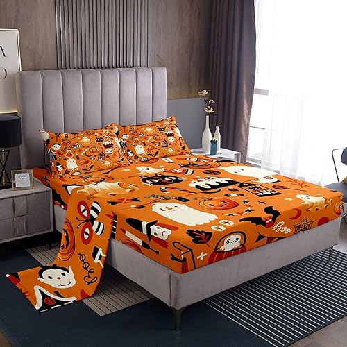 Miniatura 7 de Erosebridal Sábanas de Halloween tamaño Queen, juego de sábanas con cabeza de calavera gótica para niños y niñas, juego de ropa de cama de gato