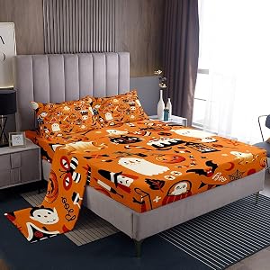 Erosebridal Pumpkin Sheet Set Queen Halloween Bed Sheets Set for Kids Teens Gothic Butterfly Candy Bedding Set All
