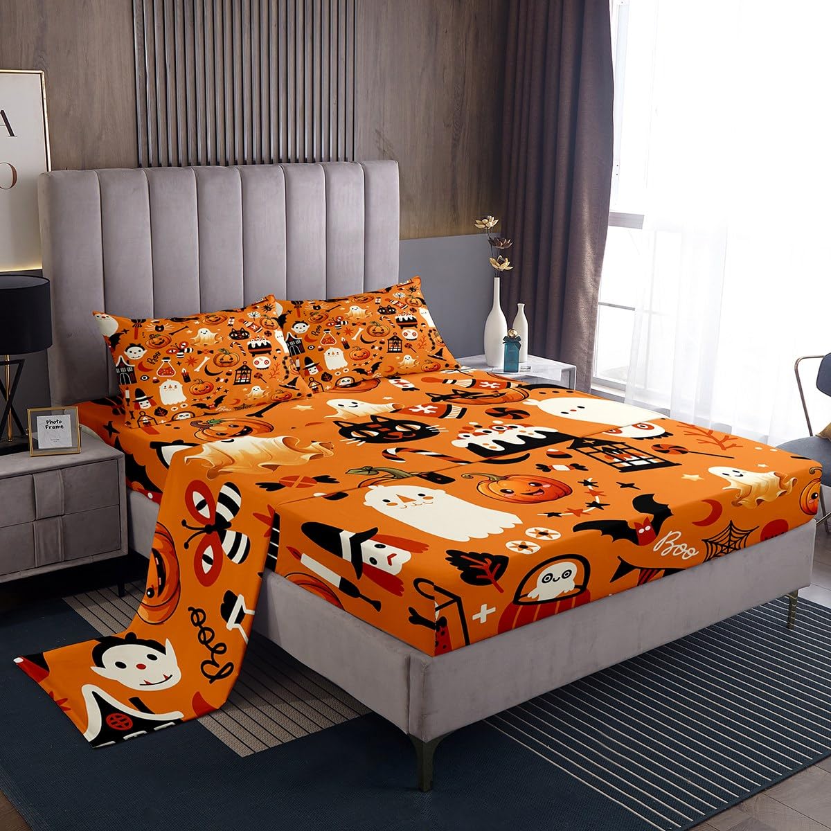 Erosebridal Pumpkin Sheet Set Queen Halloween Bed Sheets Set for Kids Teens Gothic Butterfly Candy Bedding Set All