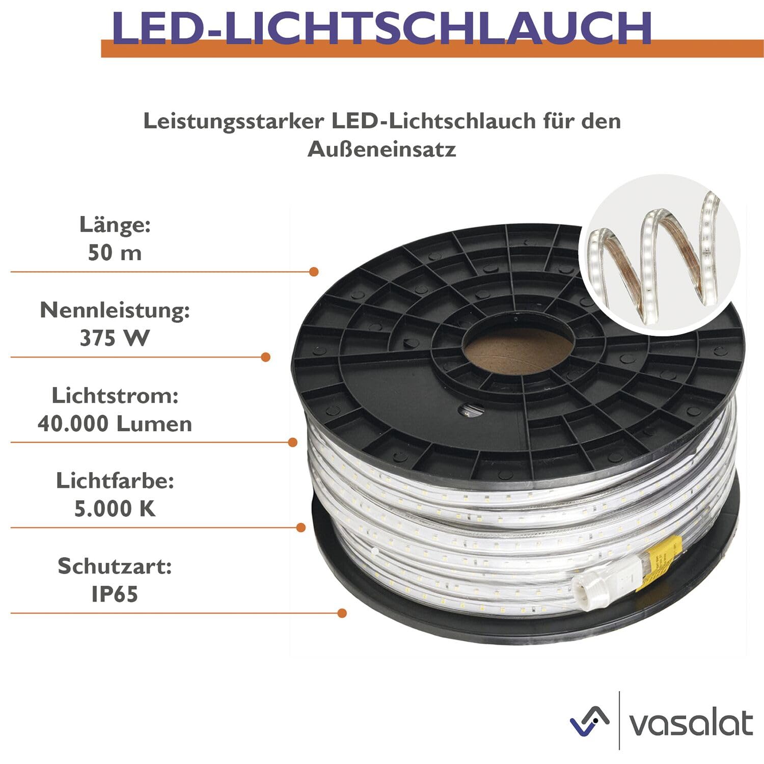 LED'S WORK LED Schlauch 50m Led Lichtschlauch - 370W 40000lm, 5000k Lichtband mit 230V Stromkabel