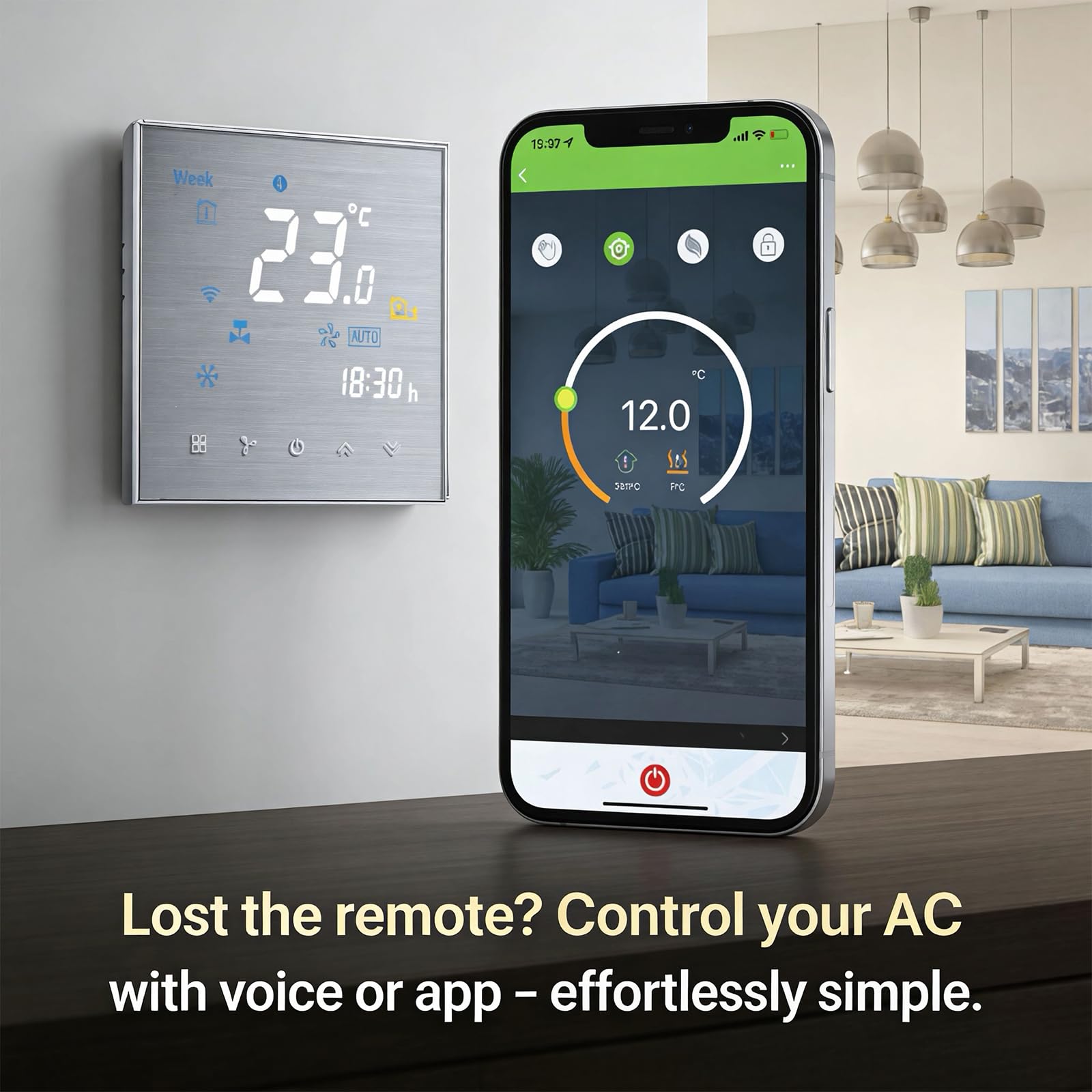 Termostat Wi-Fi, inteligentny klimatyzator, programowalny regulator temperatury z 4-rurowym ekranem LCD, kompatybilny z Alexa Google Home, innowacja szczotkowany panel (regulowana umowość)