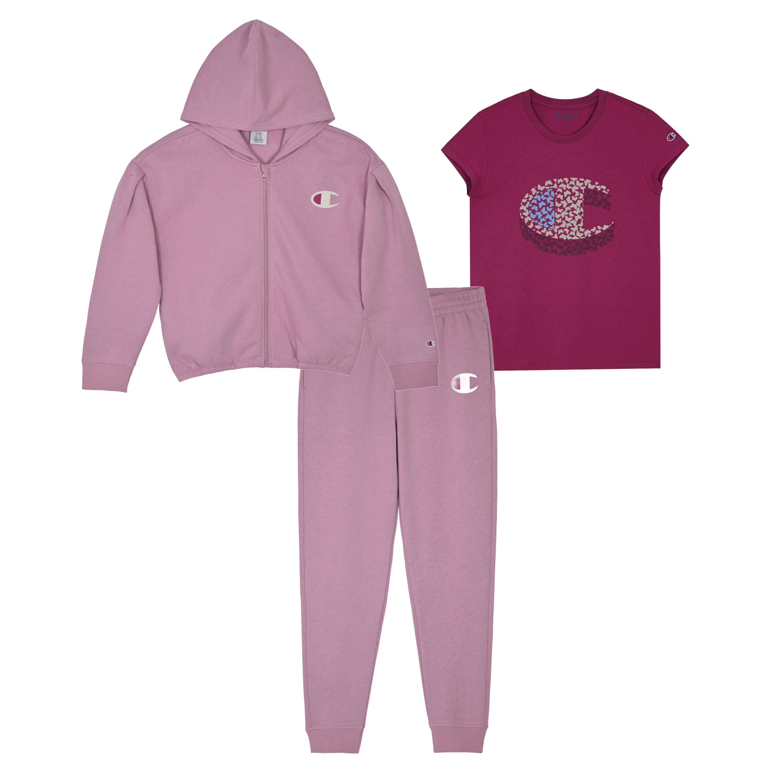 Champion Conjunto de ropa de 3 piezas para niña, sudadera con capucha y cremallera, pantalones deportivos y camiseta, tallas 2T-16