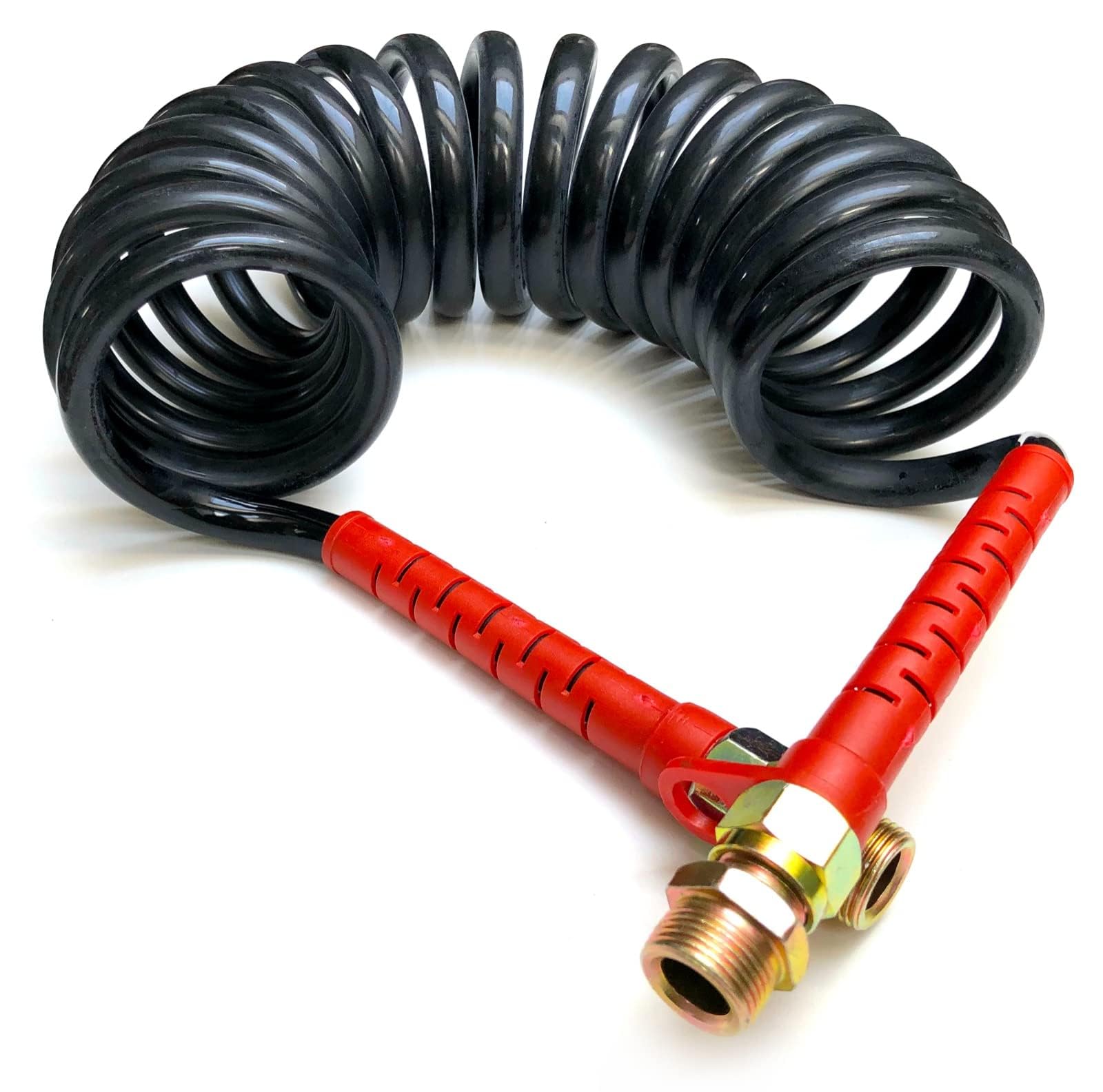 Luftwendel Druckluft Spiralschlauch 4,5m PU – 12x8mm Polyurethan Schlauch mit M22 oder M16 DIN 73378, für LKW, Nutzfahrzeuge, Anhänger und pneumatische Systeme (2x M22 - Gelb + Rot)