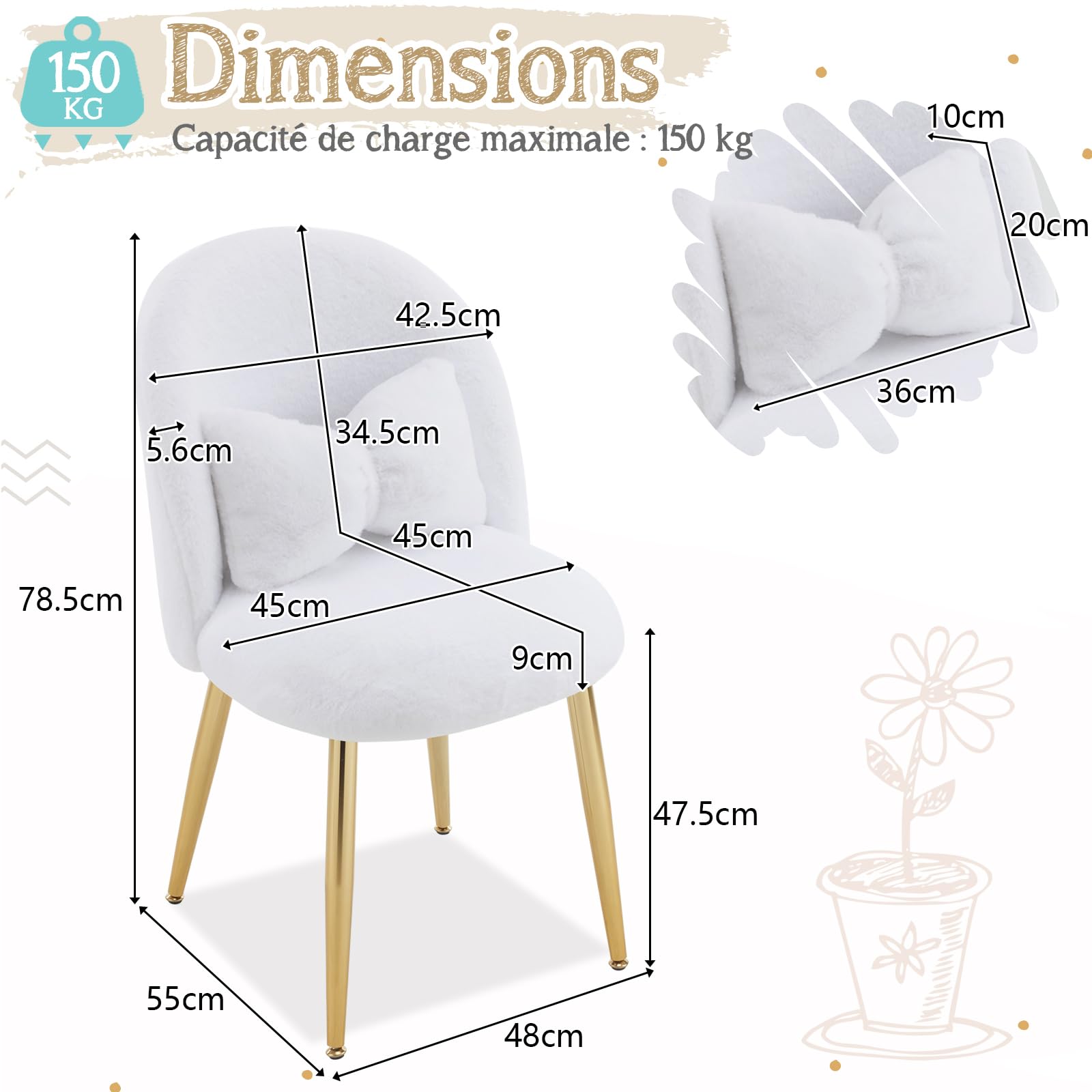 Bonnlo Poltrona Relax, Sedia da toeletta, Poltrona con Cuscino Nodo, Schienale Curvo senza Braccioli, per Soggiorno, Ufficio, Camera da letto, Peluche Coniglio, Bianco, 55 x 48 x 78,5 cm