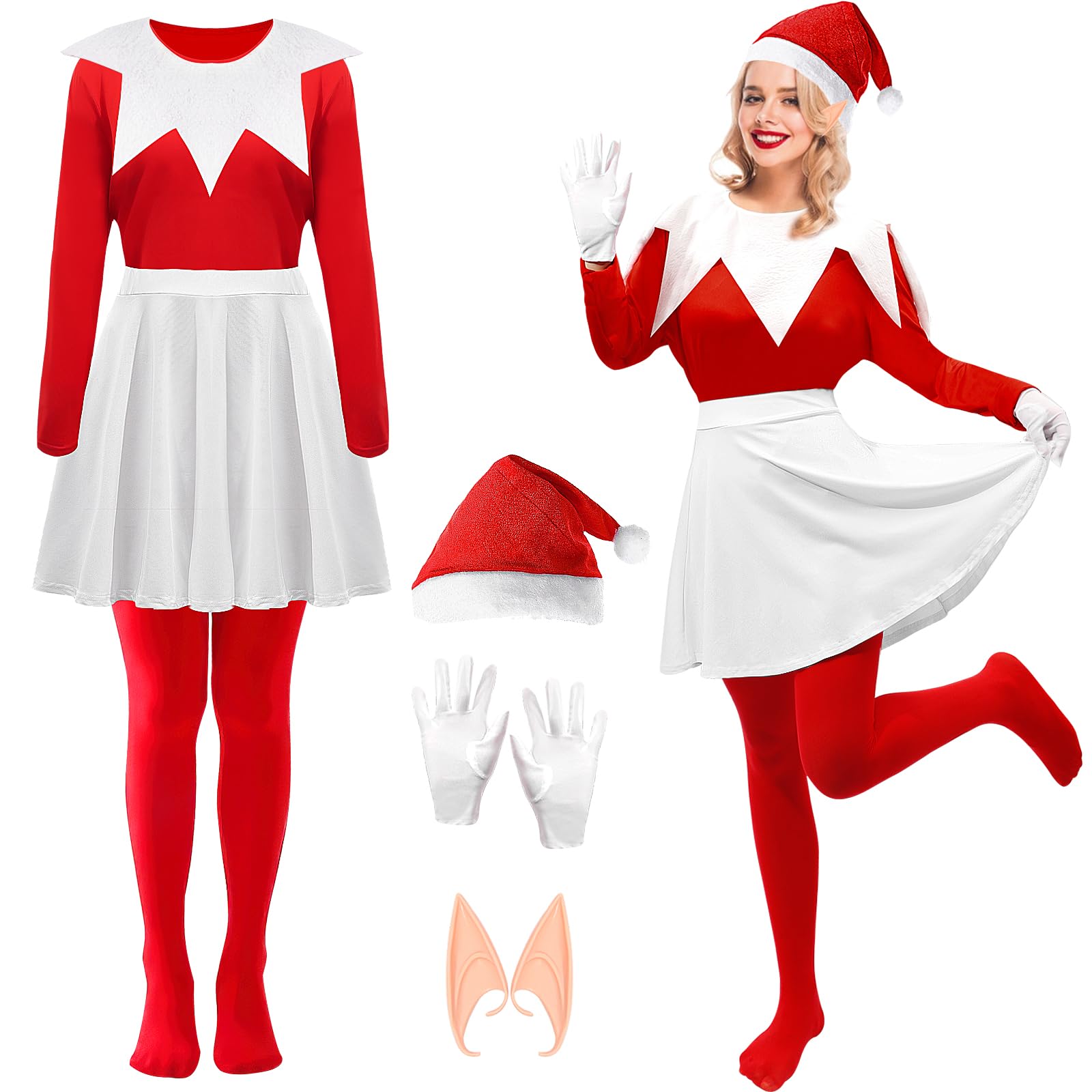 World Book Day Fancy Dress Adults Elf Costume 7Pcs World Book Day Women Elfs Costume with Scarf Top Short Skirt Gloves Elf Ears Socks Santa Hat, Red Dress for Santa Cosplay Party Fancy Dress (L)