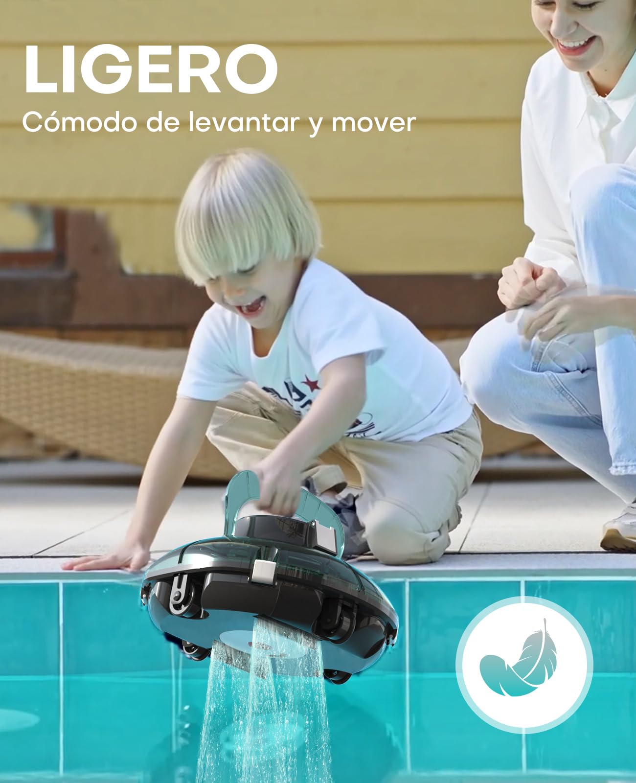 WINNY POOL CLEANER Winny 200 Limpiafondos Piscina, Inalámbrico Robot Limpiafondos Piscina, 75Min Autonomía, Piscinas Desmontables 60m², Doble Filtración,Estacionamiento Auto(Transparente Verde Blanco)