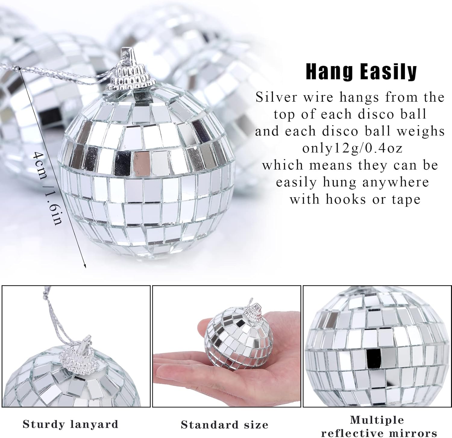 54 Pcs Mirror Disco Ball for Party, 1.6 Inches Silver Hanging Disco Ball Glass Disco Ball Christmas Tree Ornament for Holiday Wedding Music Festivals Decoration