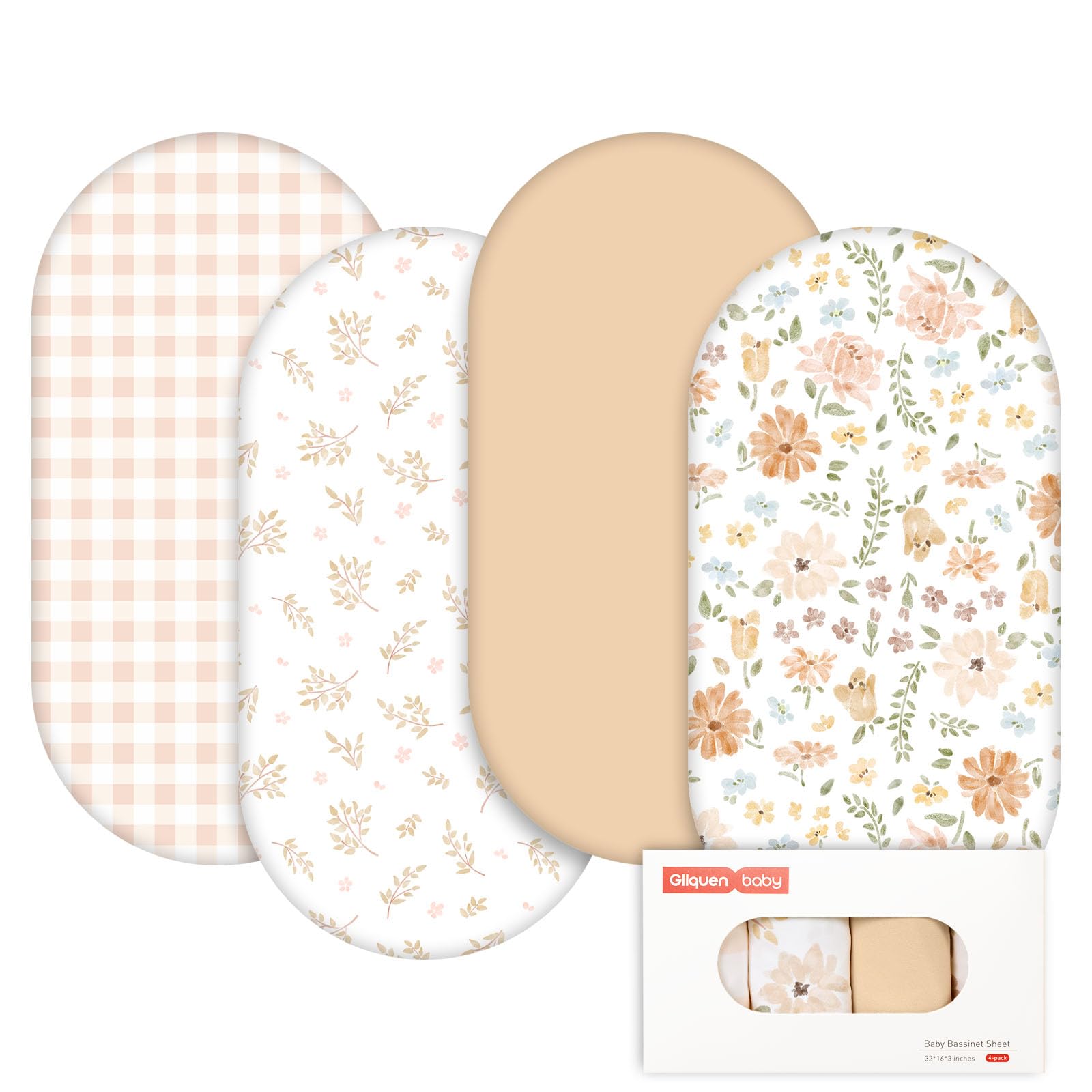 GLLQUEN BABY 4Pack Moses Basket Fitted Sheets, Newborn Pram Sheets Fitted, 100% Microfiber Oeko-tex100 Cozy and Breathable Crib Baby Bassinet Sheets for Boy and Girl(Pastoral Whispers)
