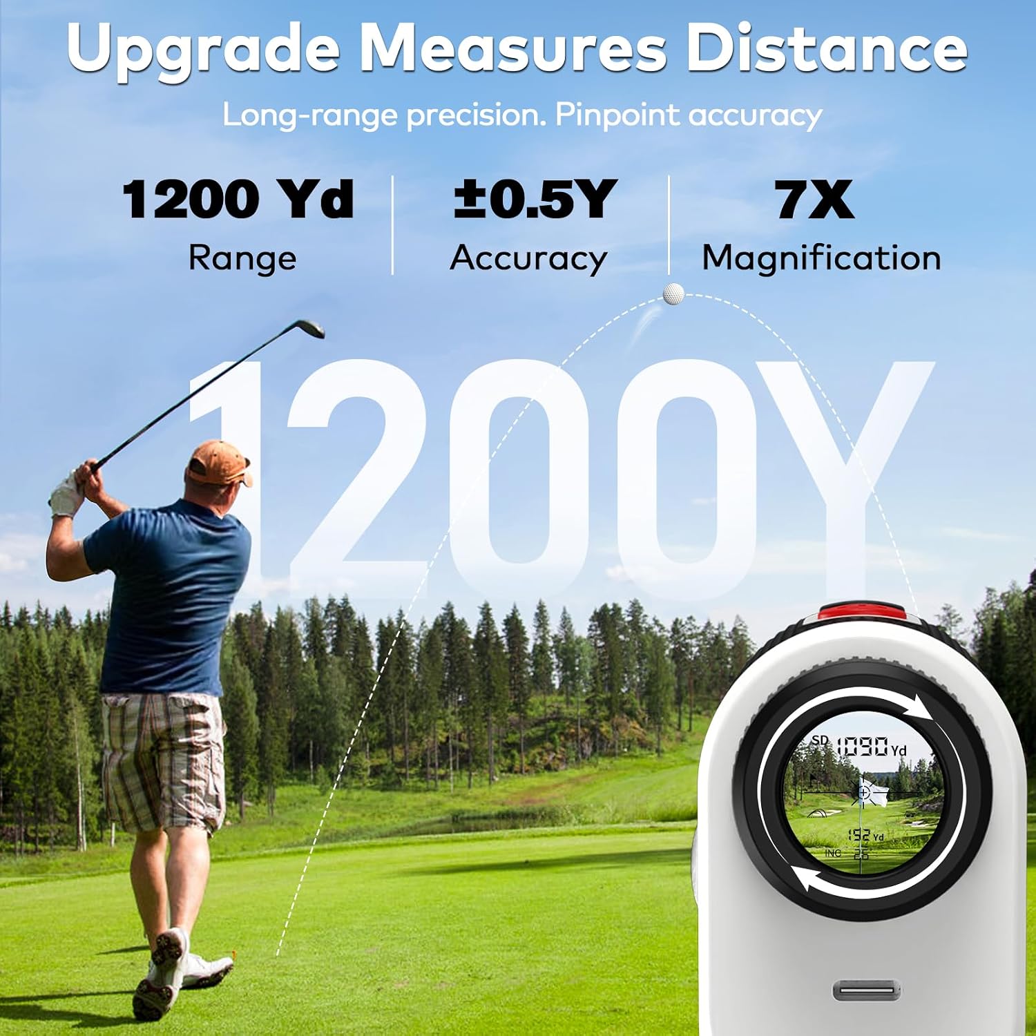 Golf Rangefinder with Slope Switch, 1200 Yards Rechargeable Range Finder - 7X Magnification, Flag Lock Vibration, Magnetic Mount & Scan Mode, High-Definition Screen