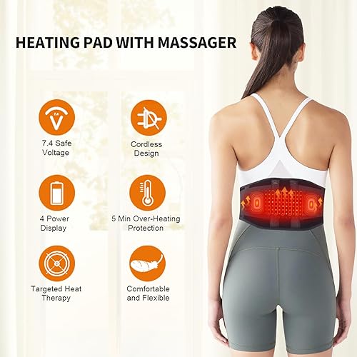 Miniatura 3 de CUEHEAT Almohadilla térmica para la espalda con calor y masaje, masaje de espalda calentado con batería recargable, cinturón de apoyo de calor de