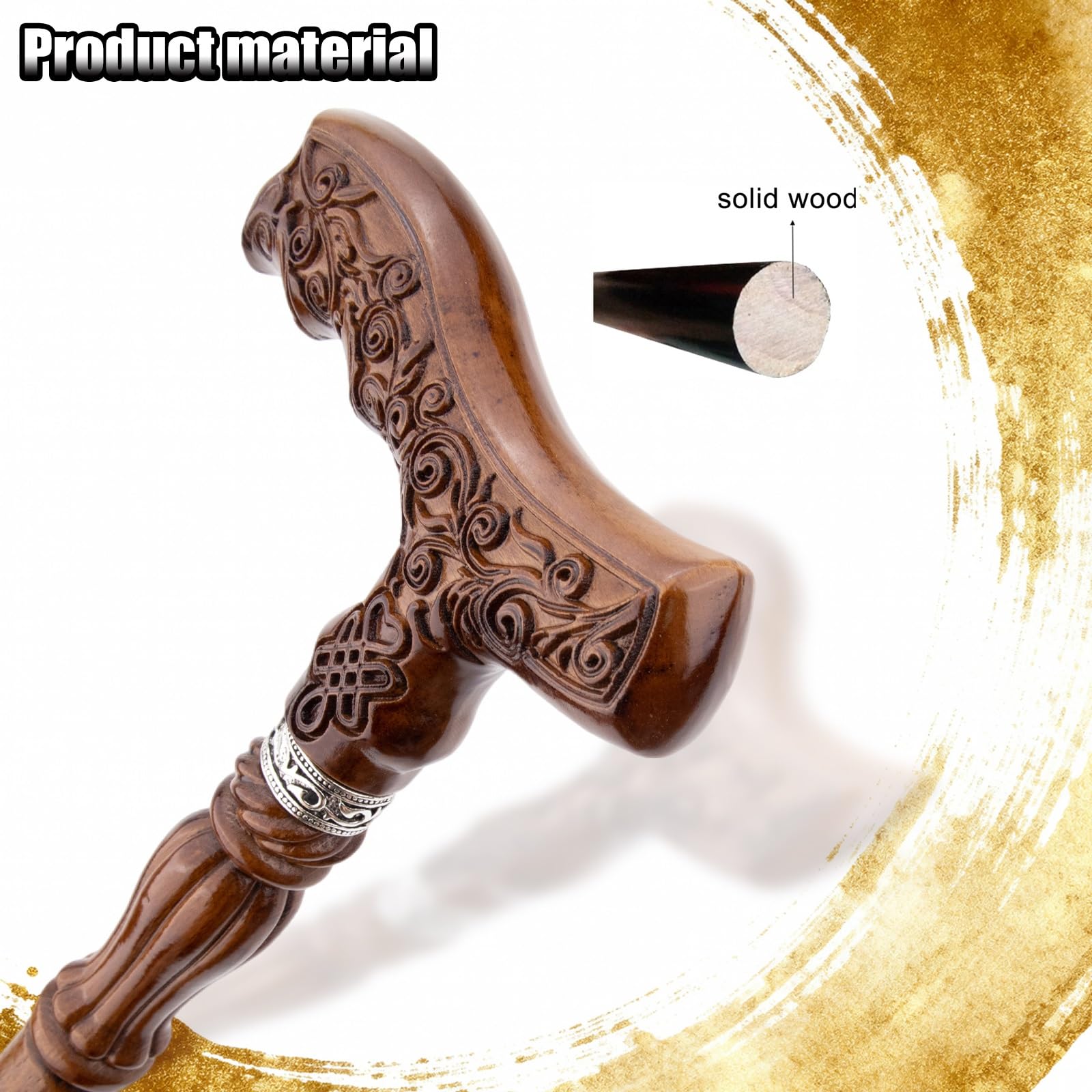 Canne de randonnée Ergonomique en Bois Brun avec nœud Chinois et Embout en Caoutchouc, en Deux Parties (93 cm), idéale pour Les Seniors.