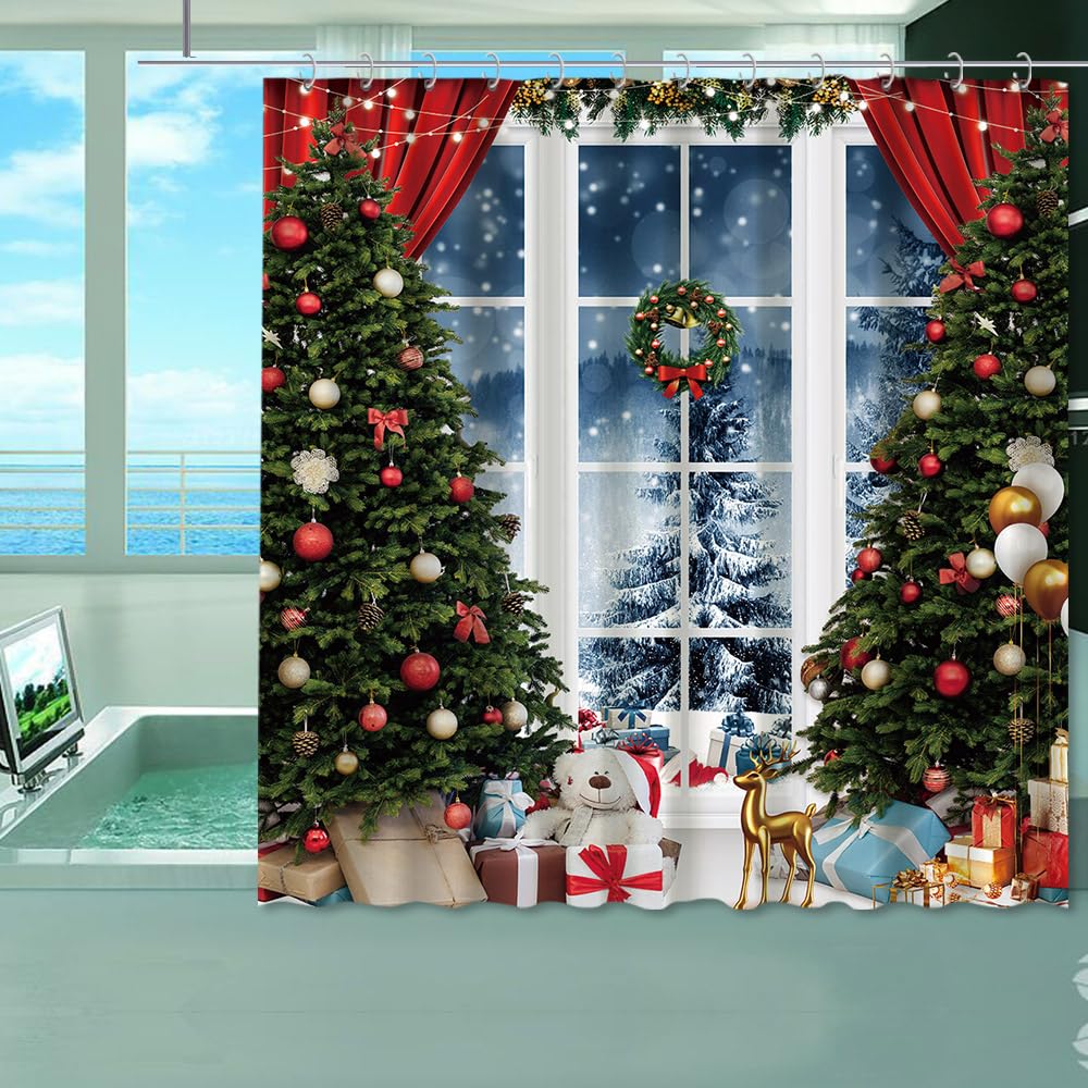 TOKTILIKT 72 x 72 Inches Christmas Tree Shower Curtain White Window Xmas Gifts Pine Snowy Bathroom Decoration Polyester Fabric Home Bathtubs Supplies