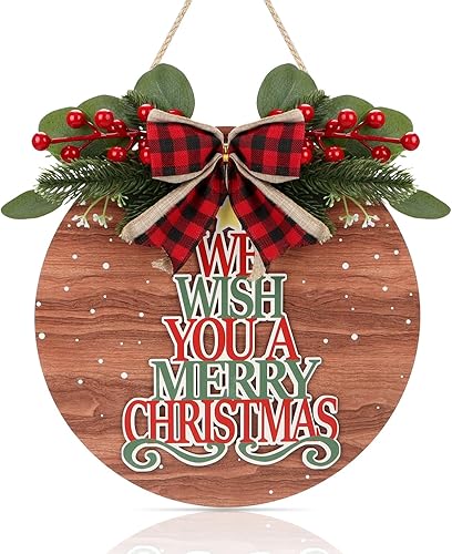 CHDITB Letrero de puerta de Navidad con texto en inglés We Wish You A Merry Christmas (11.4 x 11.4 pulgadas), corona de puerta de Navidad 3D con