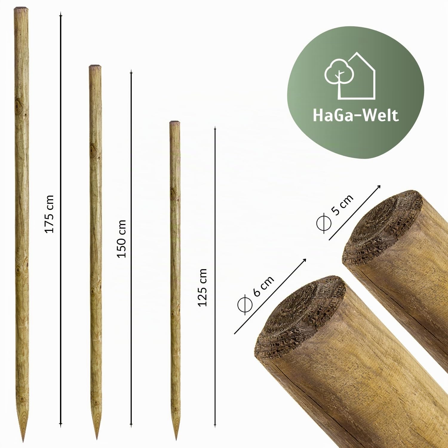 HaGa Lot de 10 piquets ronds en bois de pin pour clôture - 6 cm de diamètre - Hauteur 150 cm