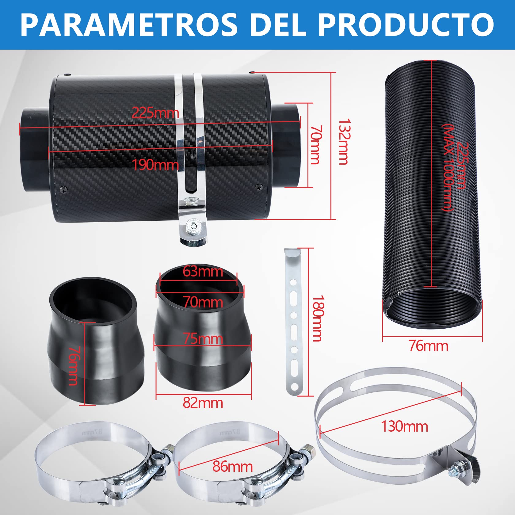 CarBole Filtro de Aire de Succión Kit 76mm | Manguera de succión dinámica de Fibra de Carbono, Incluido para Manguera de Inducción