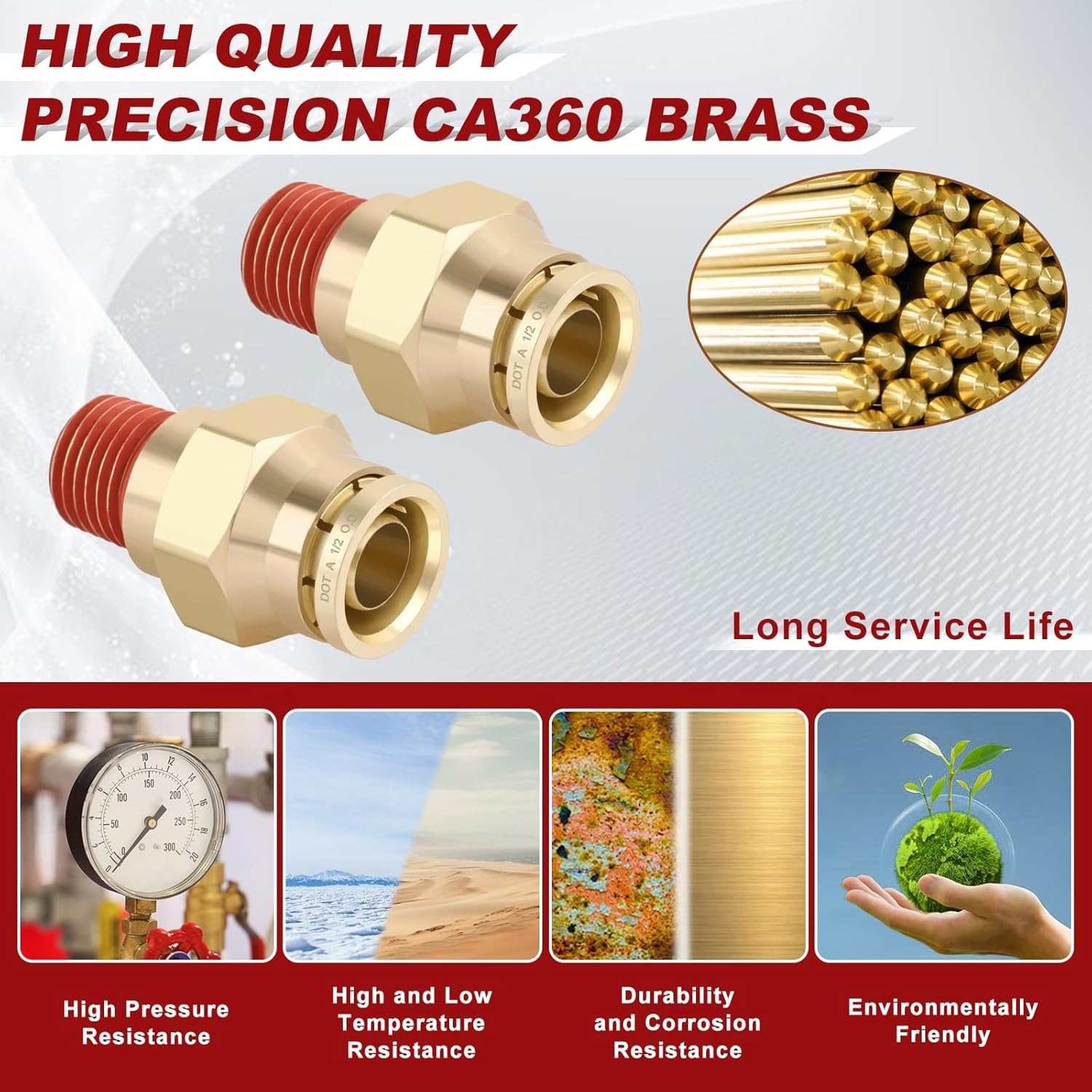 1/2" Quick Push to Connect Fittings Brass Union Straight Joint DOT Approved 1/2" Tube OD x 1/4" NPT Thread Air Line Adapter Air Suspension Kit for Truck Trailers and Air Brake System 10pcs