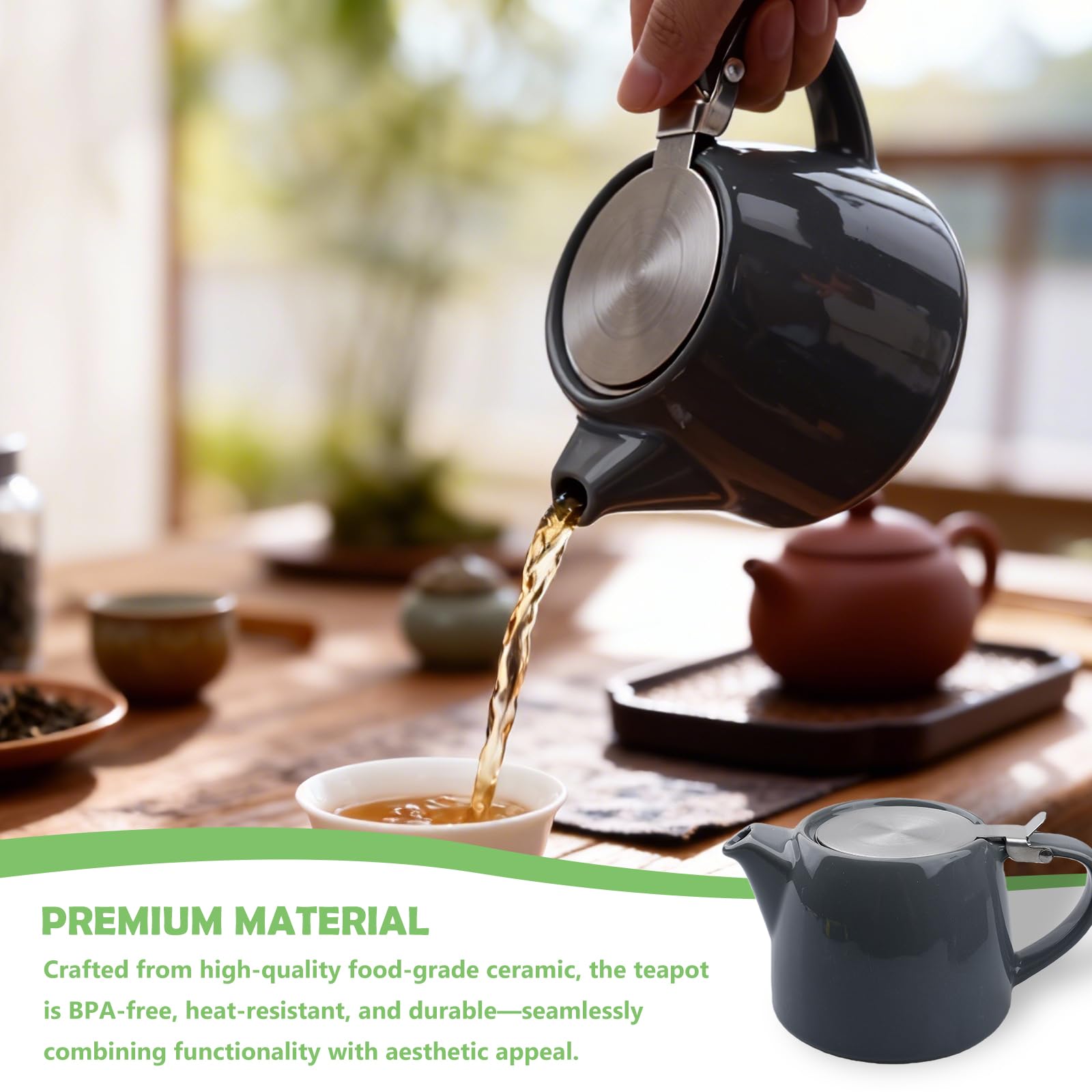 BAIFULAI Tetera de porcelana de cerámica, 600 ml, tetera japonesa con filtro de acero inoxidable, juego de té de porcelana, set de regalo para los amantes del té, gris oscuro