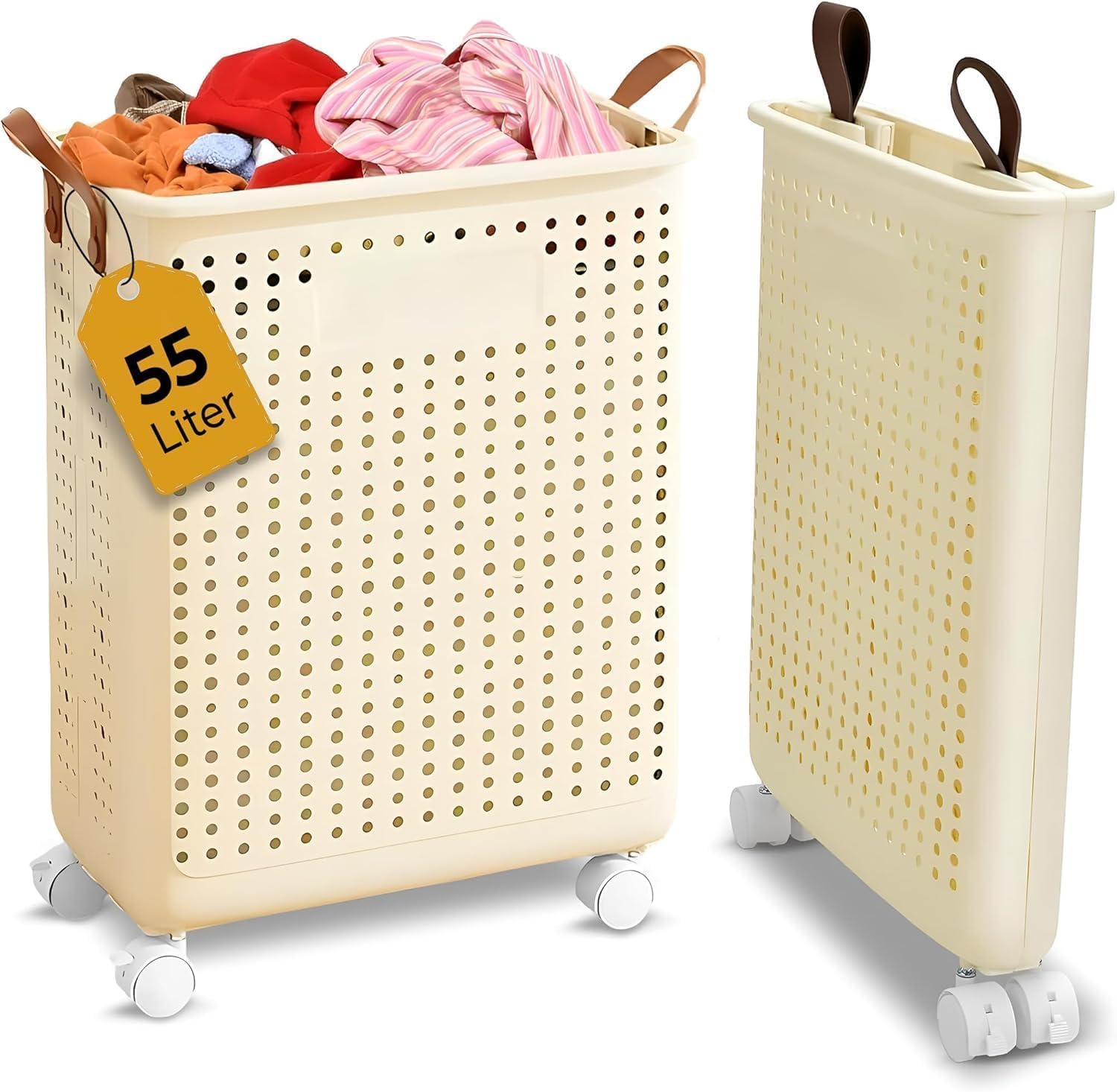 55L Collapsible Laundry Basket with Wheels - Foldable Laundry Hamper with Handle - Portable Clothes Storage Baskets for Apparel, Toys - Clothes Hamper Collapsible Bin for Dorms, Apartments