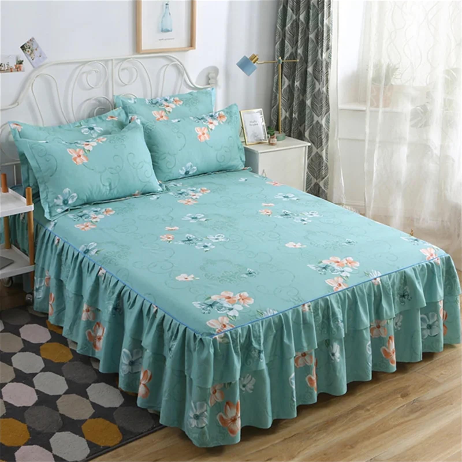 3pcs Bedding Simple Flower Bed Skirt With Pillowcases Wedding Bedspread Bed Sheet Mattress Cover(Color-10,3pcs 180x200cm)